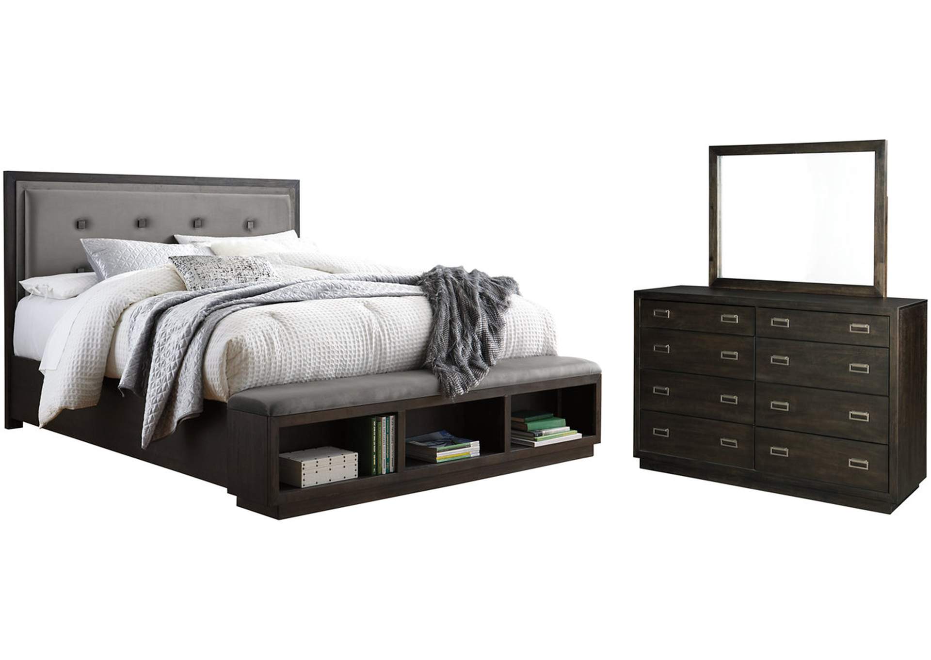 Hyndell Queen Upholstered Panel Bed with Storage with Mirrored Dresser