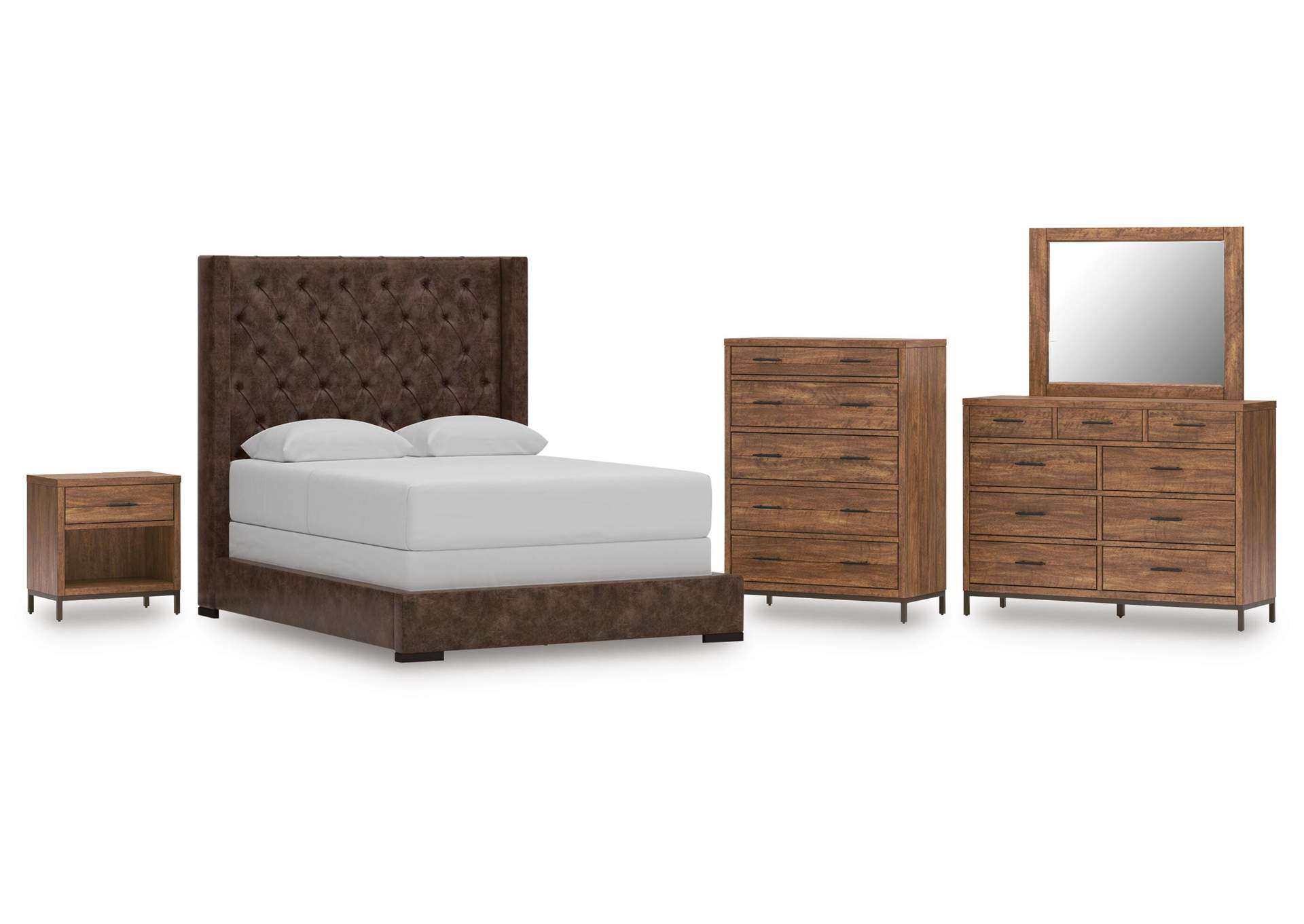 Steenlage Queen Upholstered Bed, Dresser, Mirror, Chest and Nightstand image 1