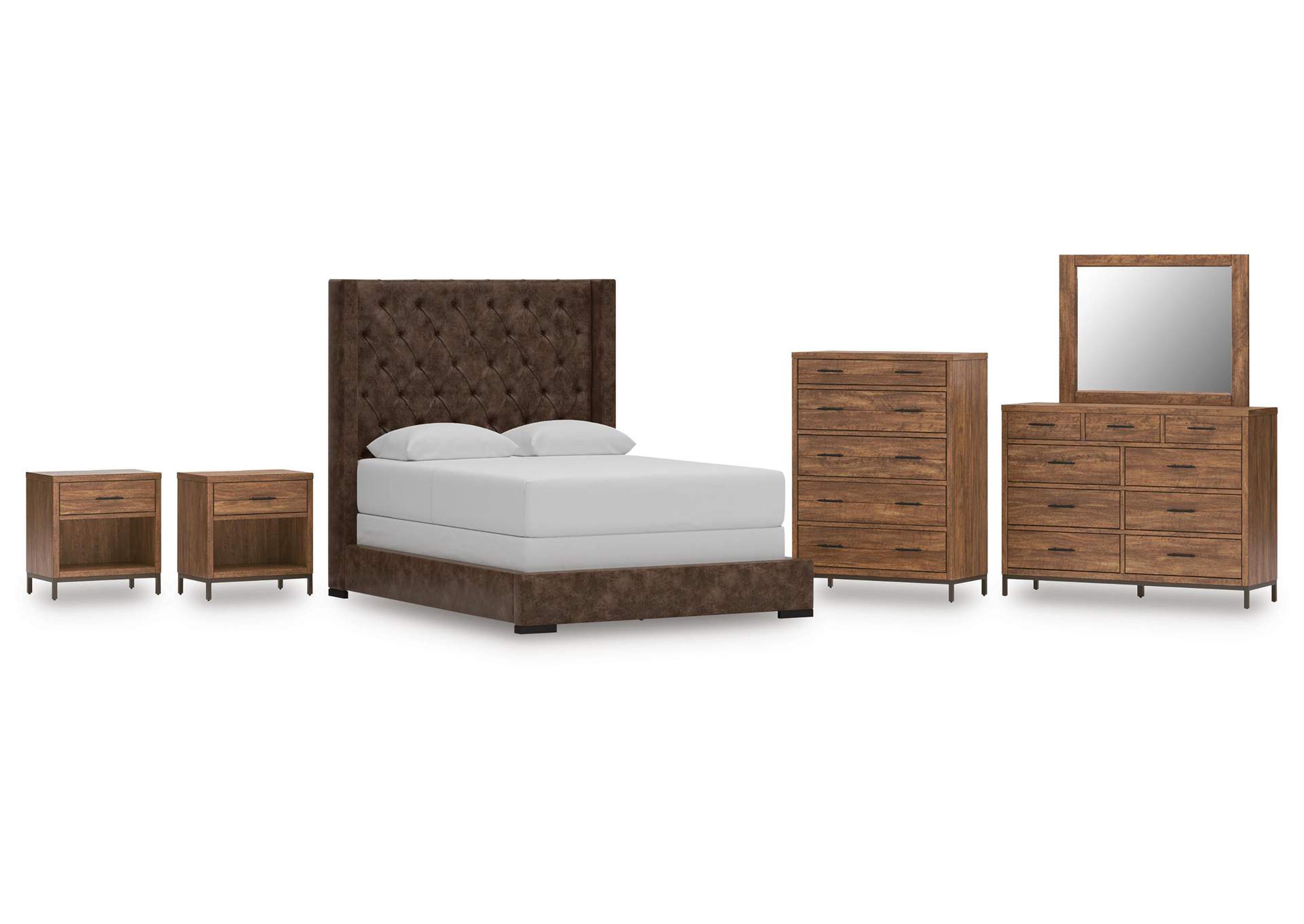 Steenlage Queen Upholstered Bed with Mirrored Dresser, Chest and 2 Nightstands image 1