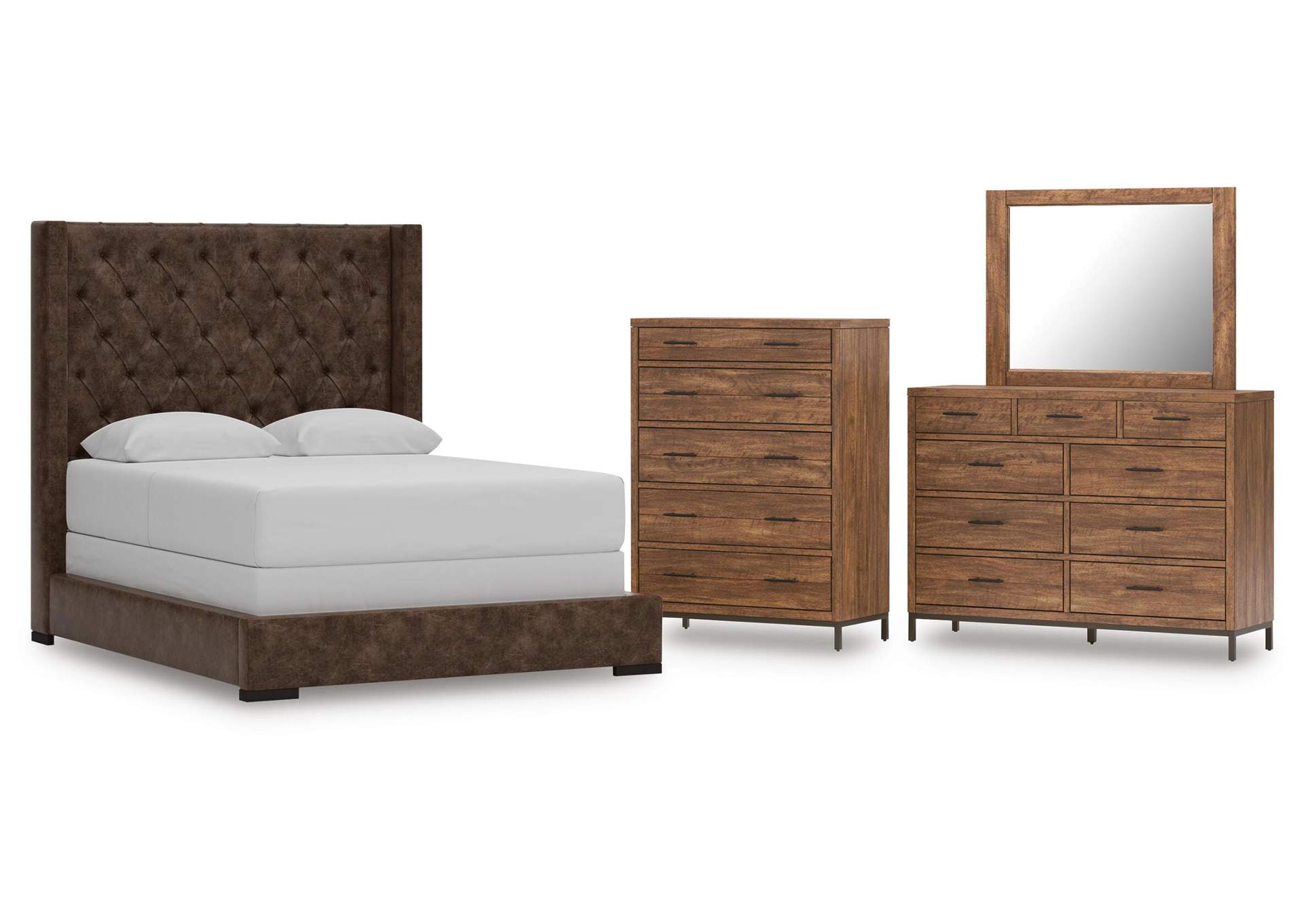 Steenlage Queen Upholstered Bed, Dresser, Mirror and Chest image 1