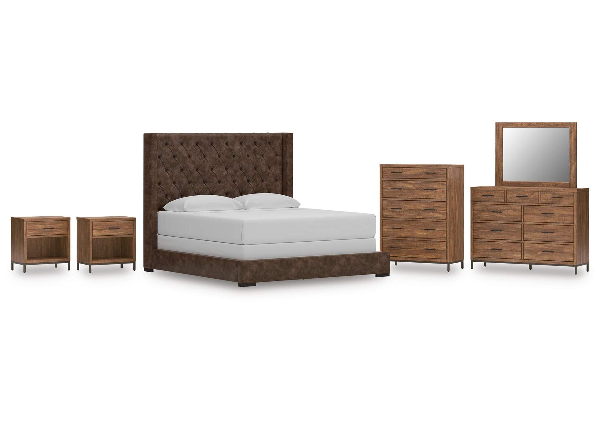 Steenlage King Upholstered Bed, Dresser, Mirror, Chest and Nightstand image 1