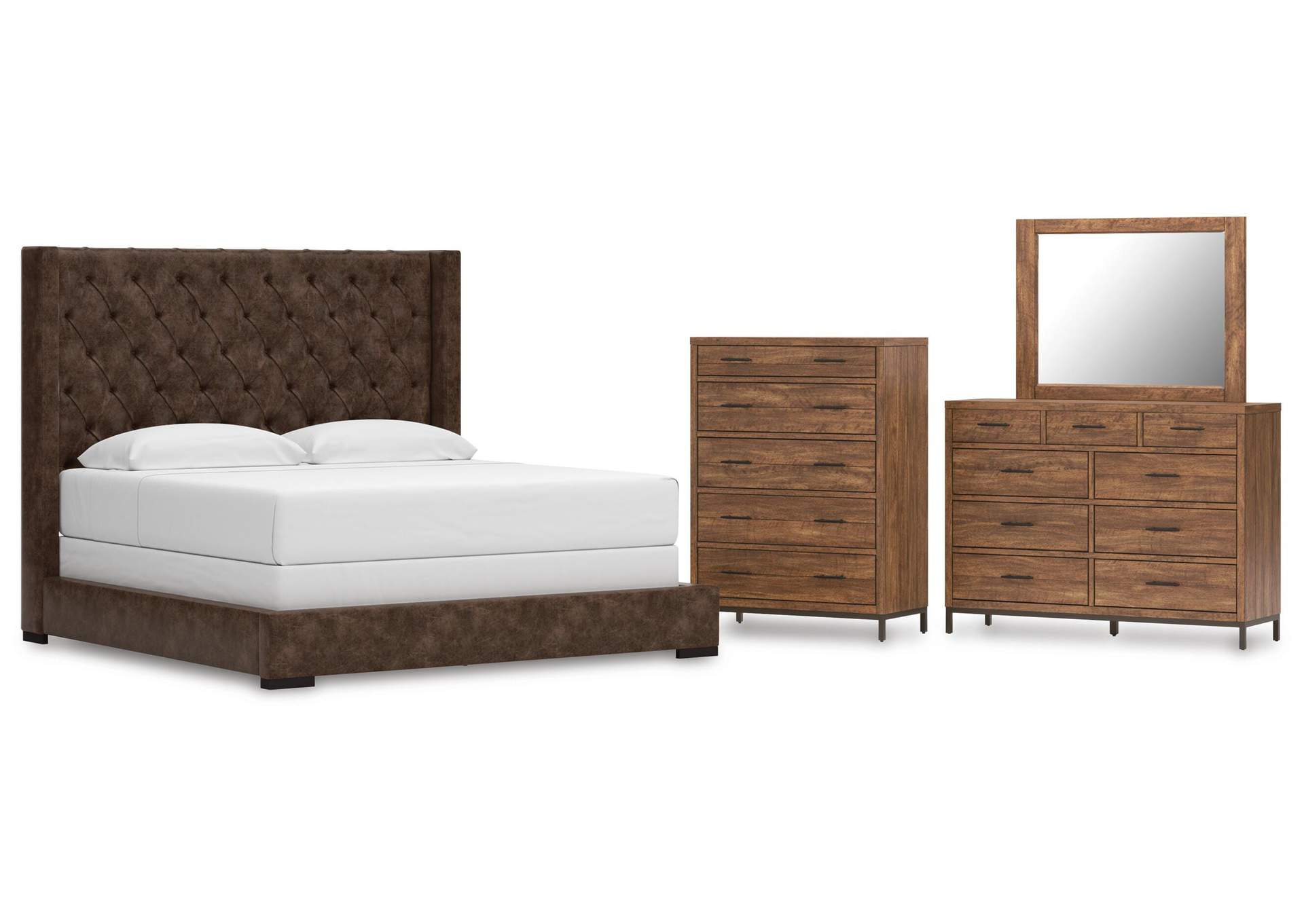Steenlage King Upholstered Bed, Dresser, Mirror and Chest image 1