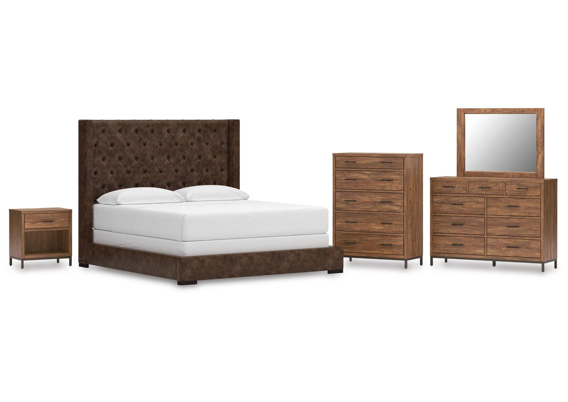 Steenlage California King Upholstered Bed, Dresser, Mirror, Chest and Nightstand image 1