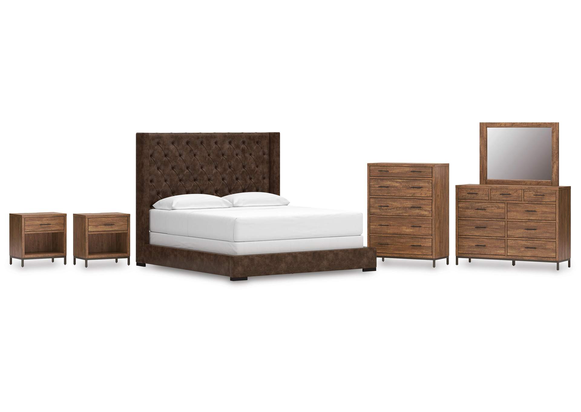 Steenlage California King Upholstered Bed with Mirrored Dresser, Chest and 2 Nightstands image 1
