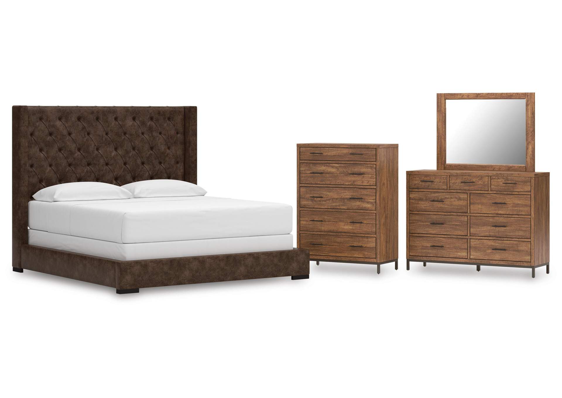 Steenlage California King Upholstered Bed, Dresser, Mirror and Chest image 1