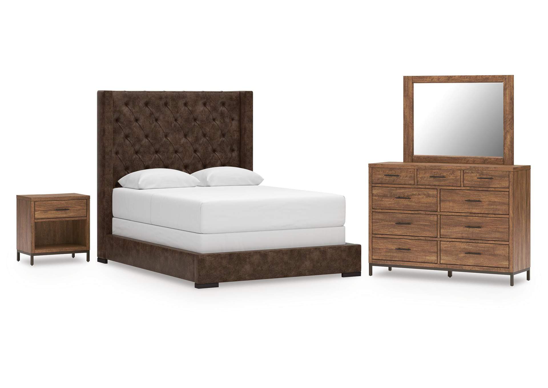 Steenlage Queen Upholstered Bed with Mirrored Dresser and Nightstand image 1