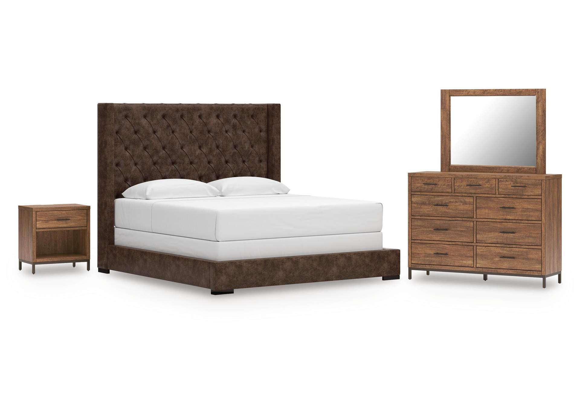 Steenlage King Upholstered Bed with Mirrored Dresser and Nightstand image 1