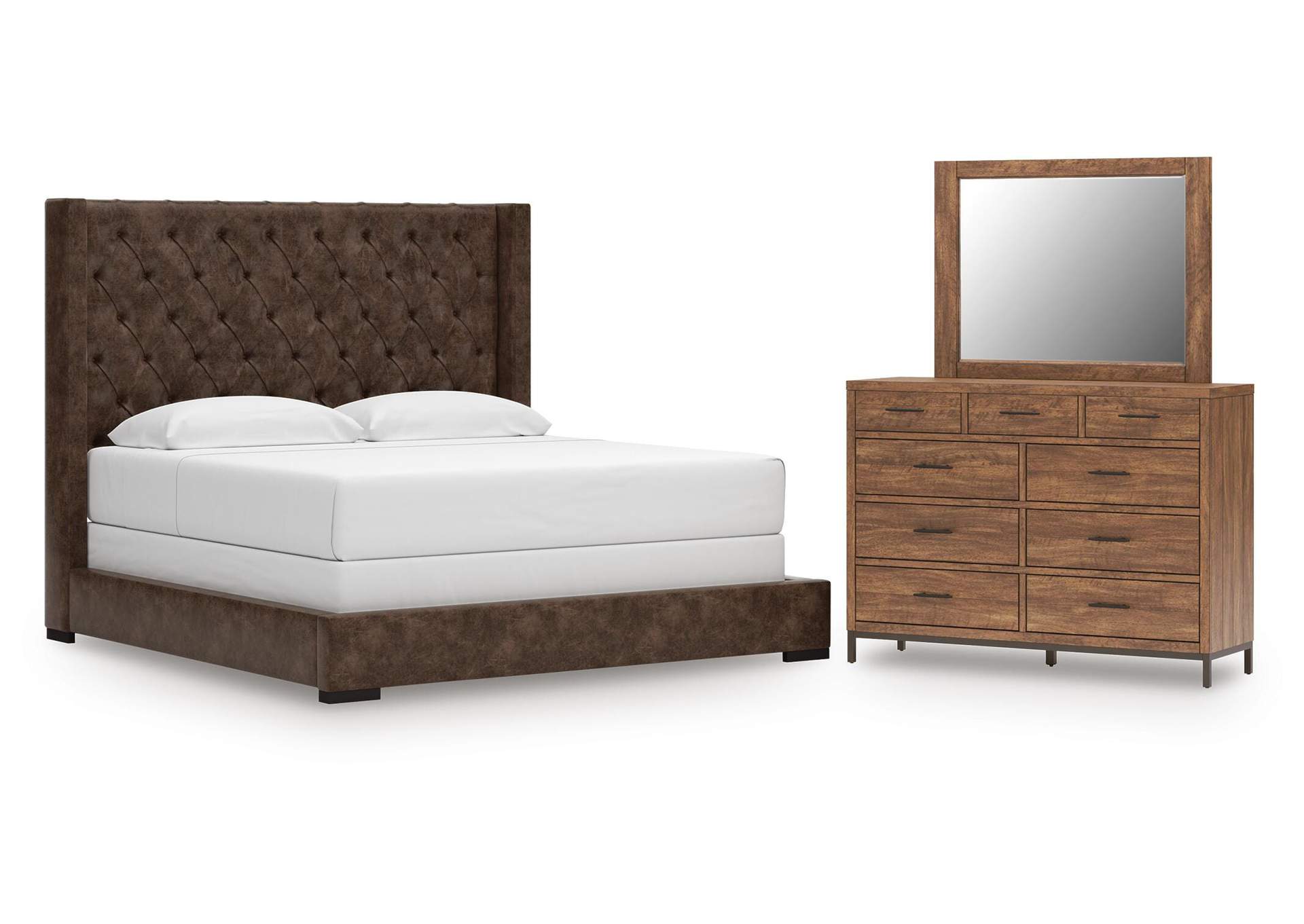Steenlage King Upholstered Bed with Mirrored Dresser image 1