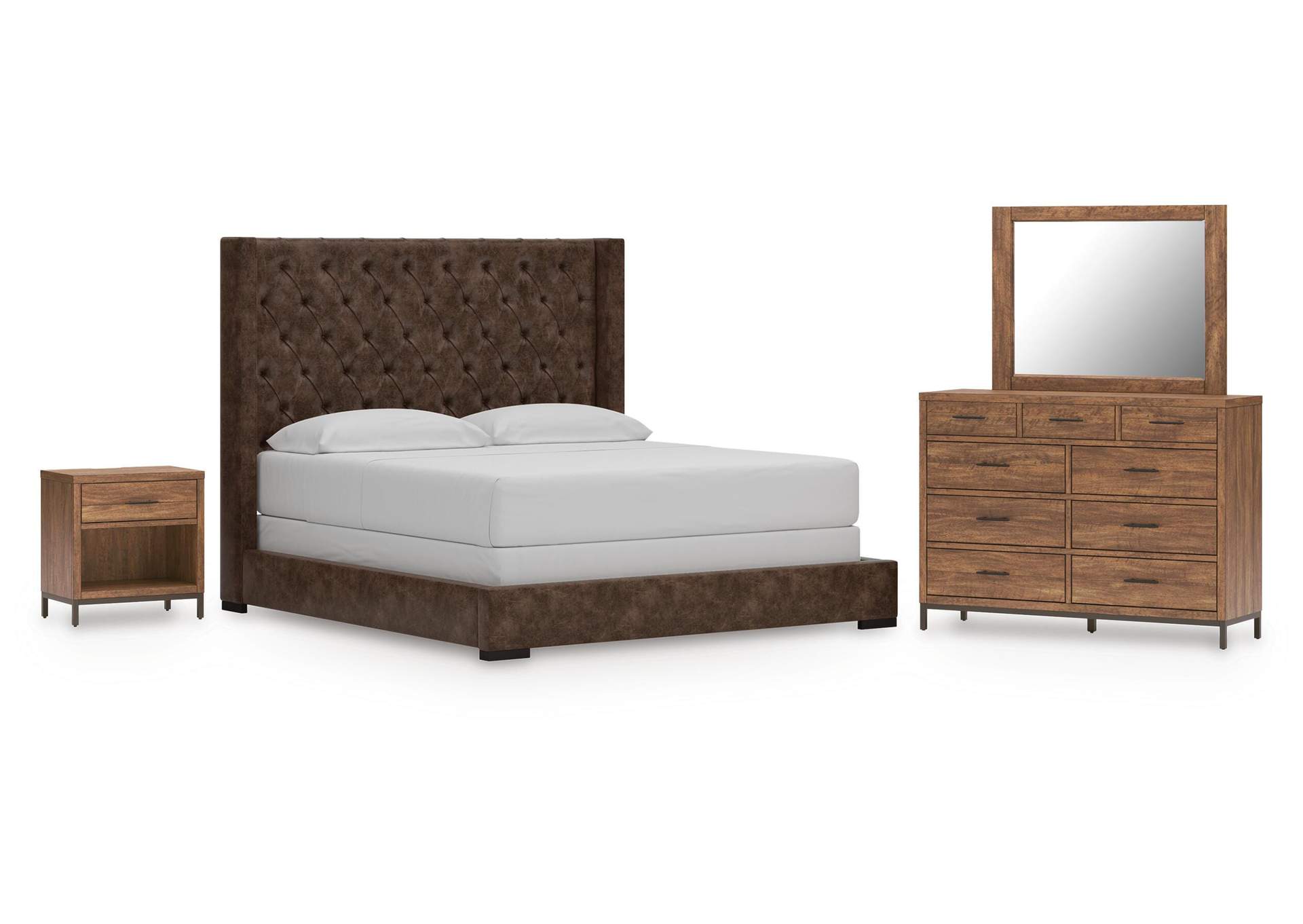 Steenlage California King Upholstered Bed with Mirrored Dresser and Nightstand