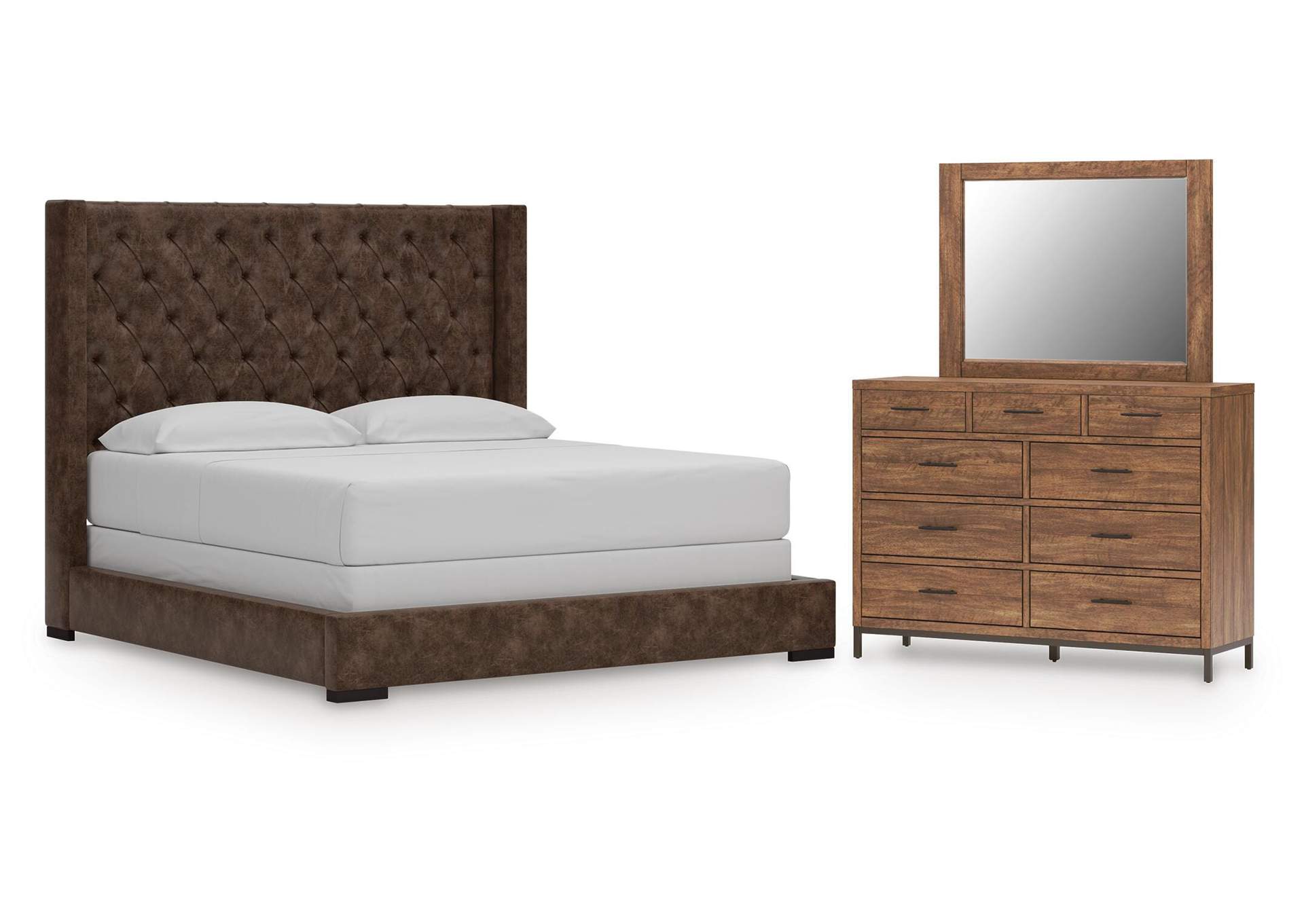 Steenlage California King Upholstered Bed with Mirrored Dresser image 1