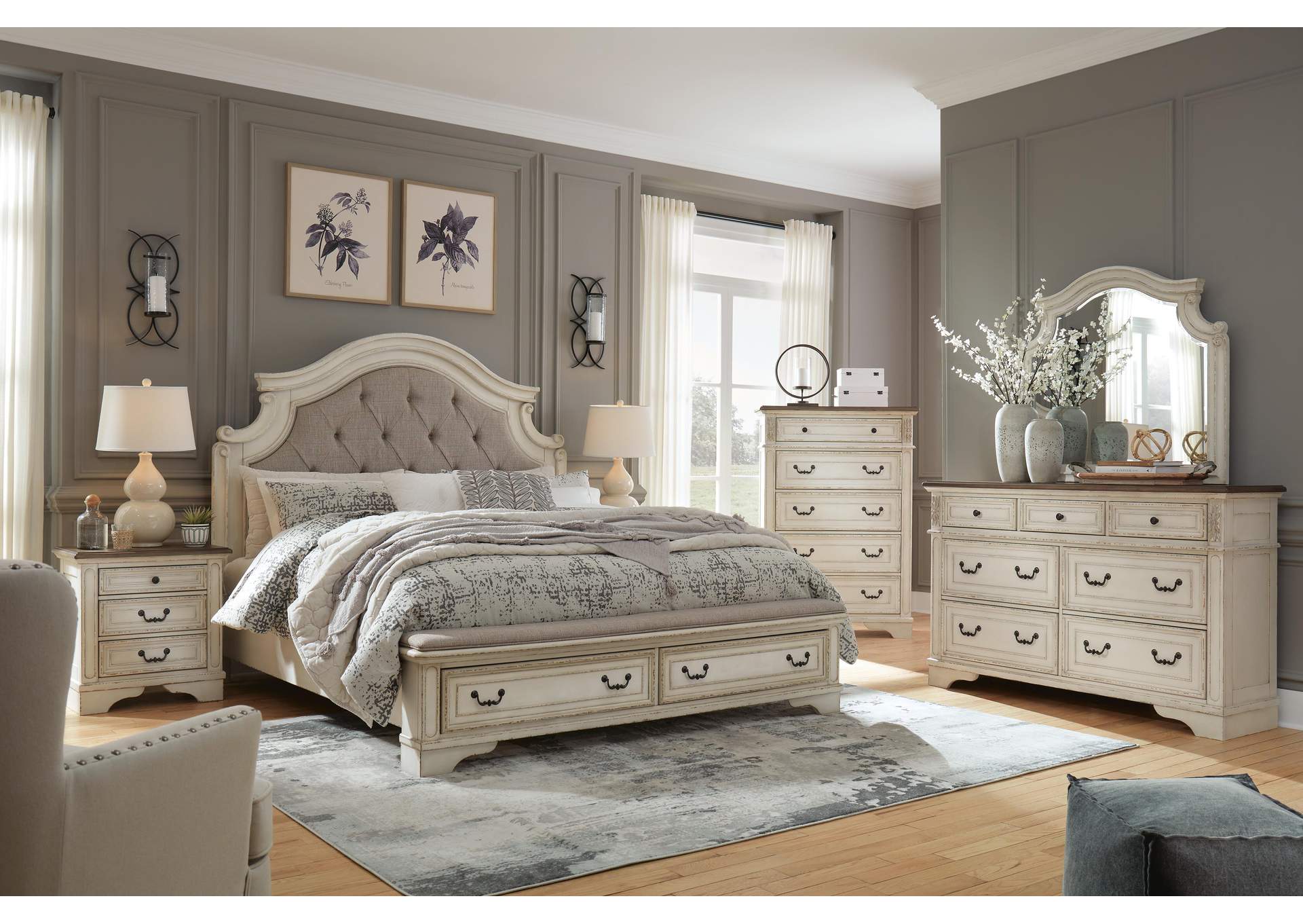 Realyn Queen Upholstered Bed with Mirrored Dresser and Chest image 3