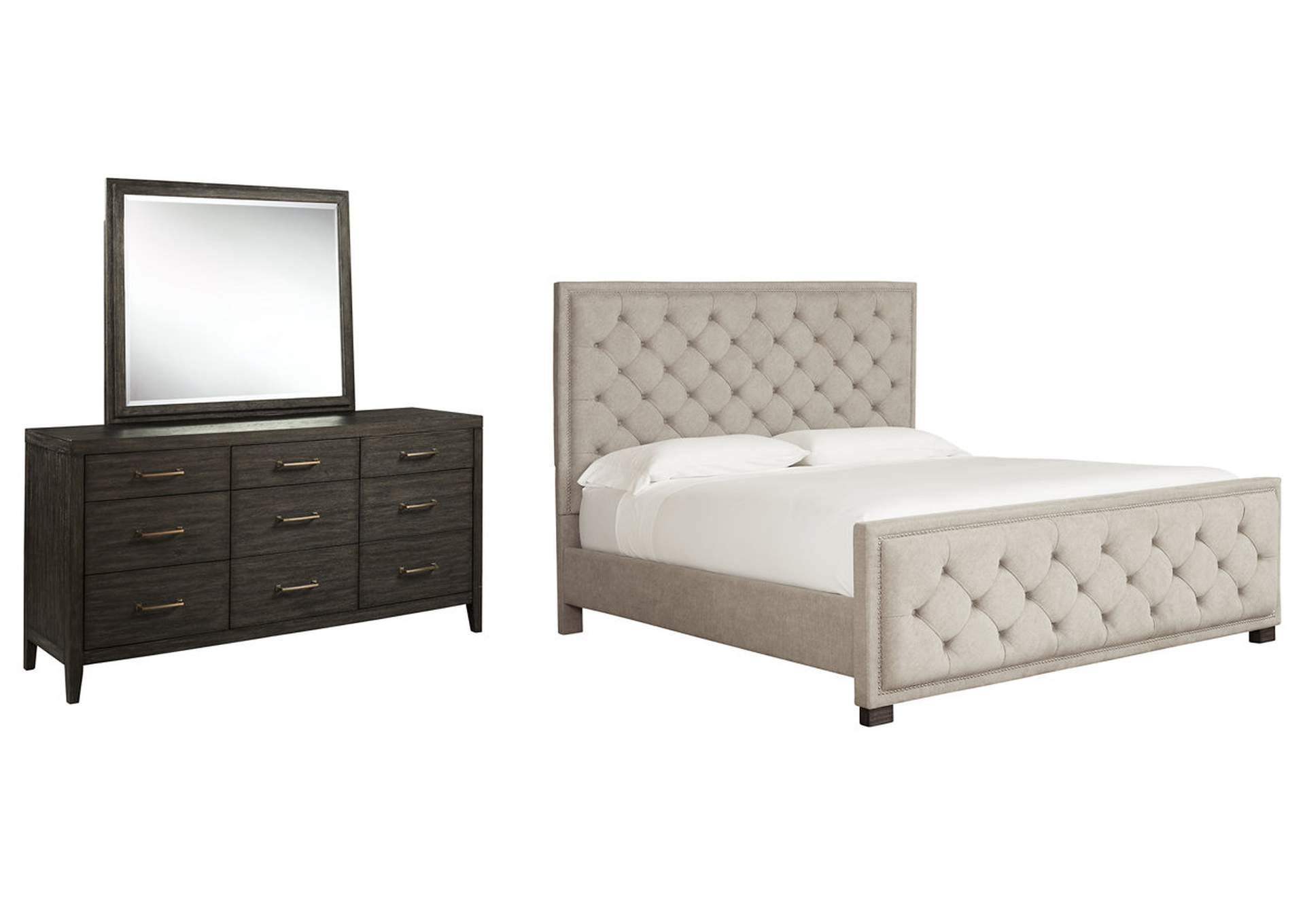 Bellvern King Upholstered Bed with Mirrored Dresser