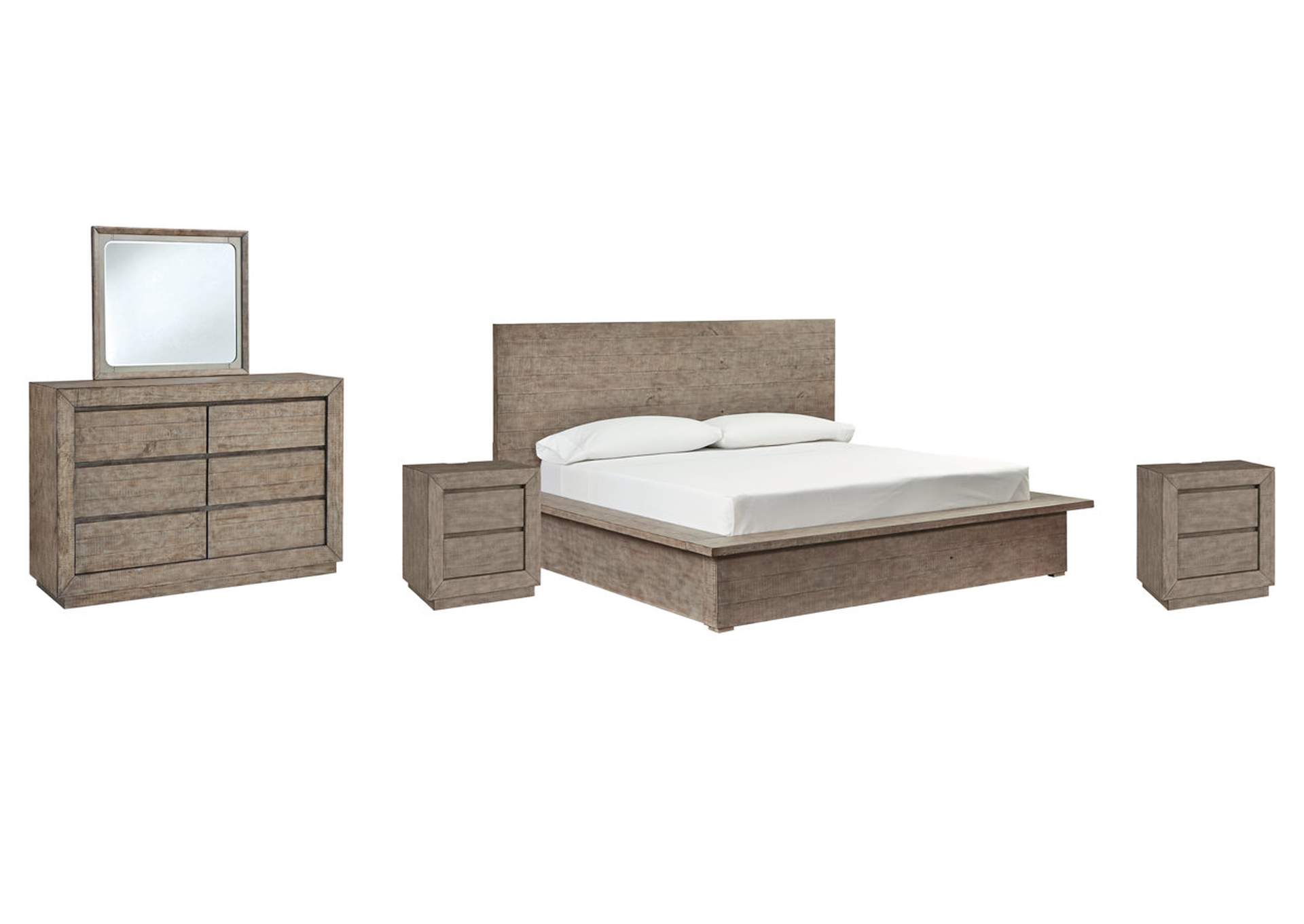 Langford King Upholstered Bed with Mirrored Dresser and Chest