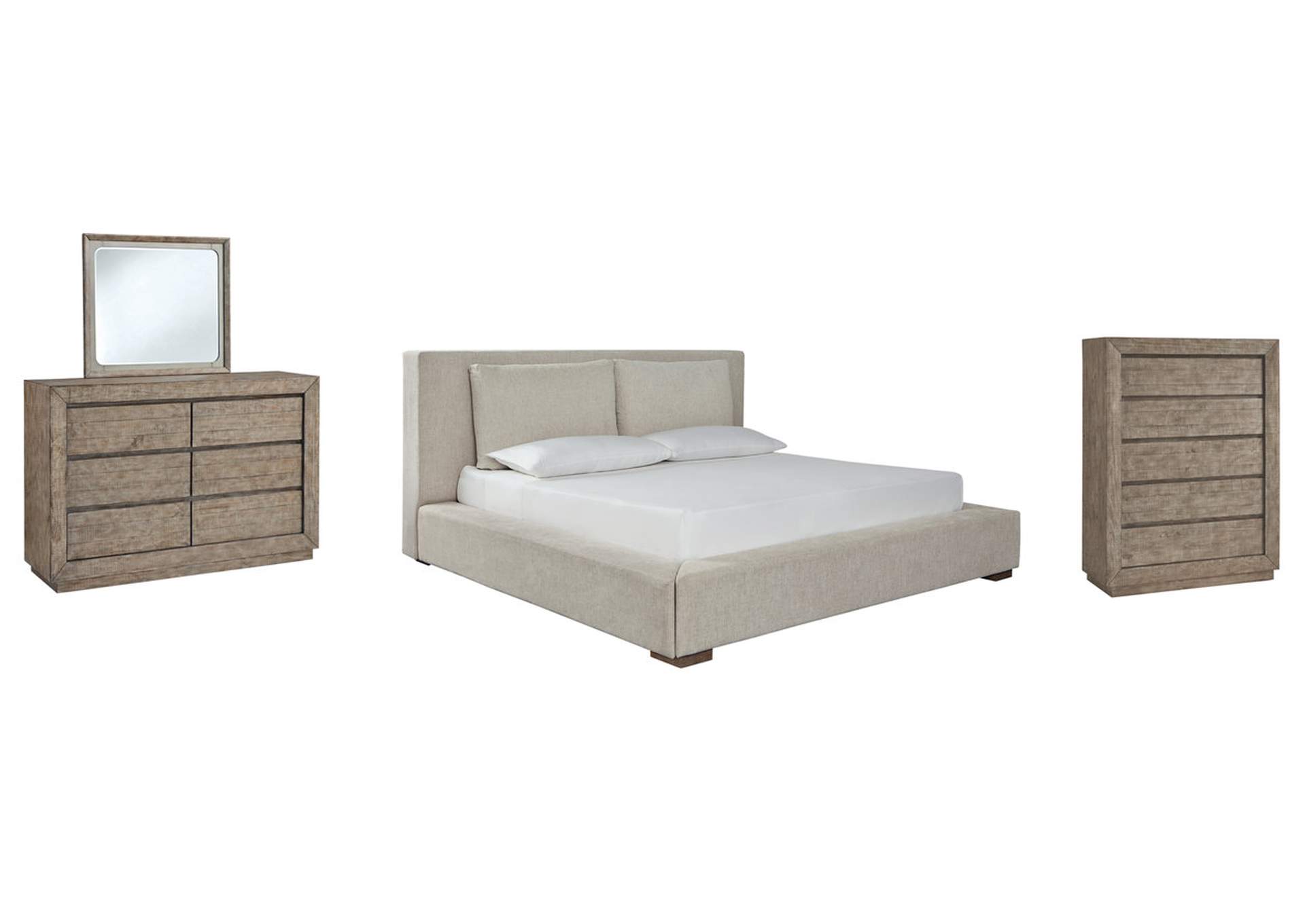 Langford King Upholstered Bed with Mirrored Dresser and Chest