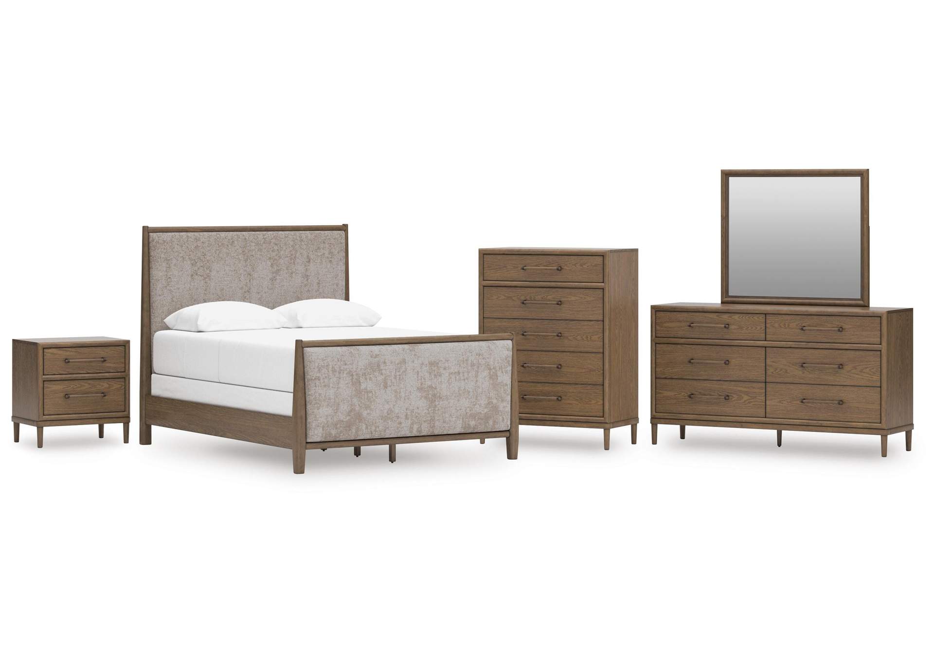 Roanhowe Queen Upholstered Bed, Dresser, Mirror, Chest and Nightstand