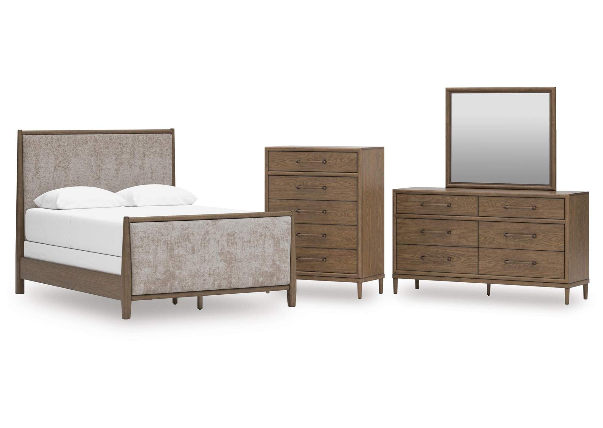 Roanhowe Queen Upholstered Bed, Dresser, Mirror and Chest