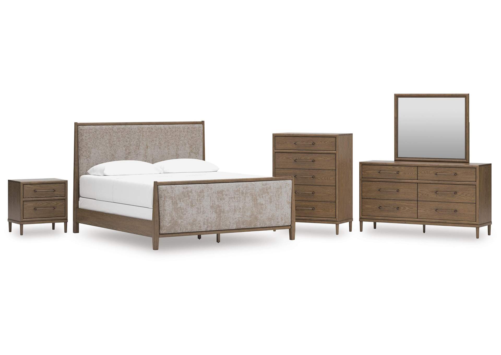Roanhowe California King Upholstered Bed, Dresser, Mirror, Chest and Nightstand