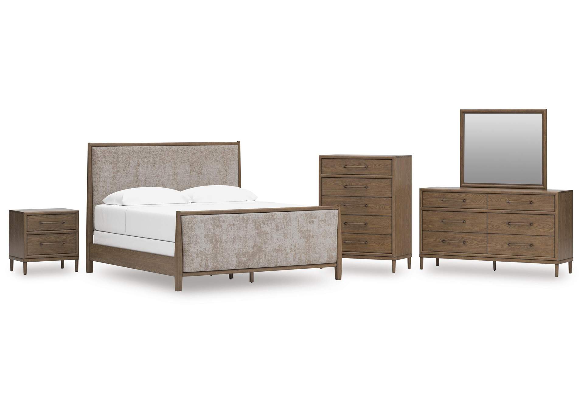 Roanhowe King Upholstered Bed, Dresser, Mirror, Chest and Nightstand image 1
