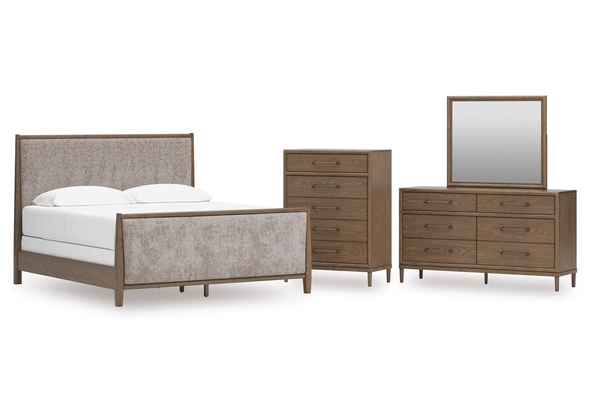 Roanhowe California King Upholstered Bed, Dresser, Mirror and Chest image 1