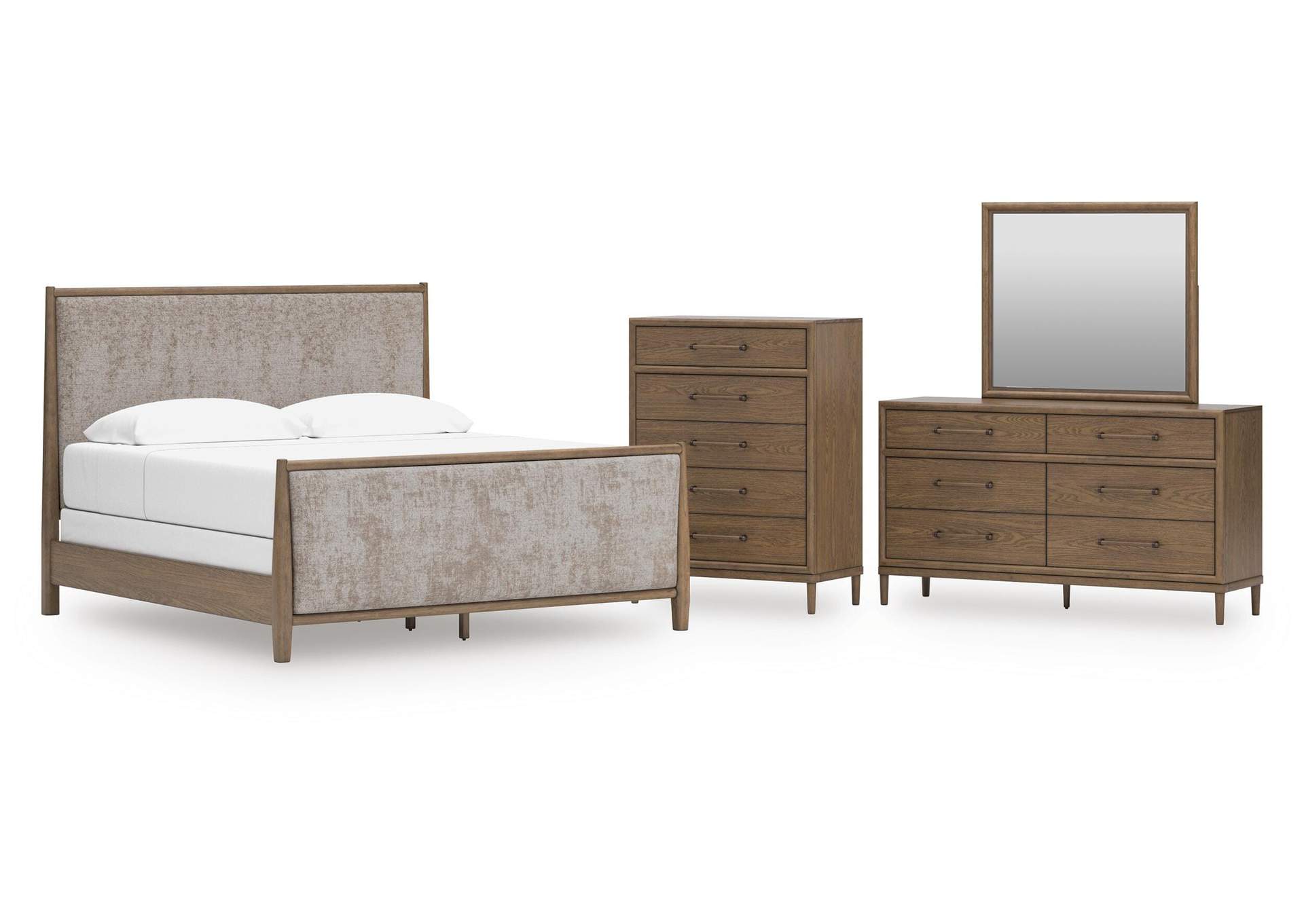 Roanhowe King Upholstered Bed, Dresser, Mirror and Chest image 1