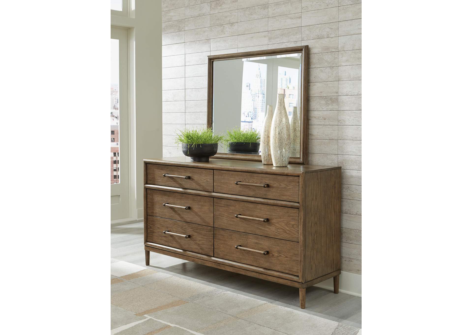 Roanhowe Queen Upholstered Bed with Mirrored Dresser and Nightstand image 9