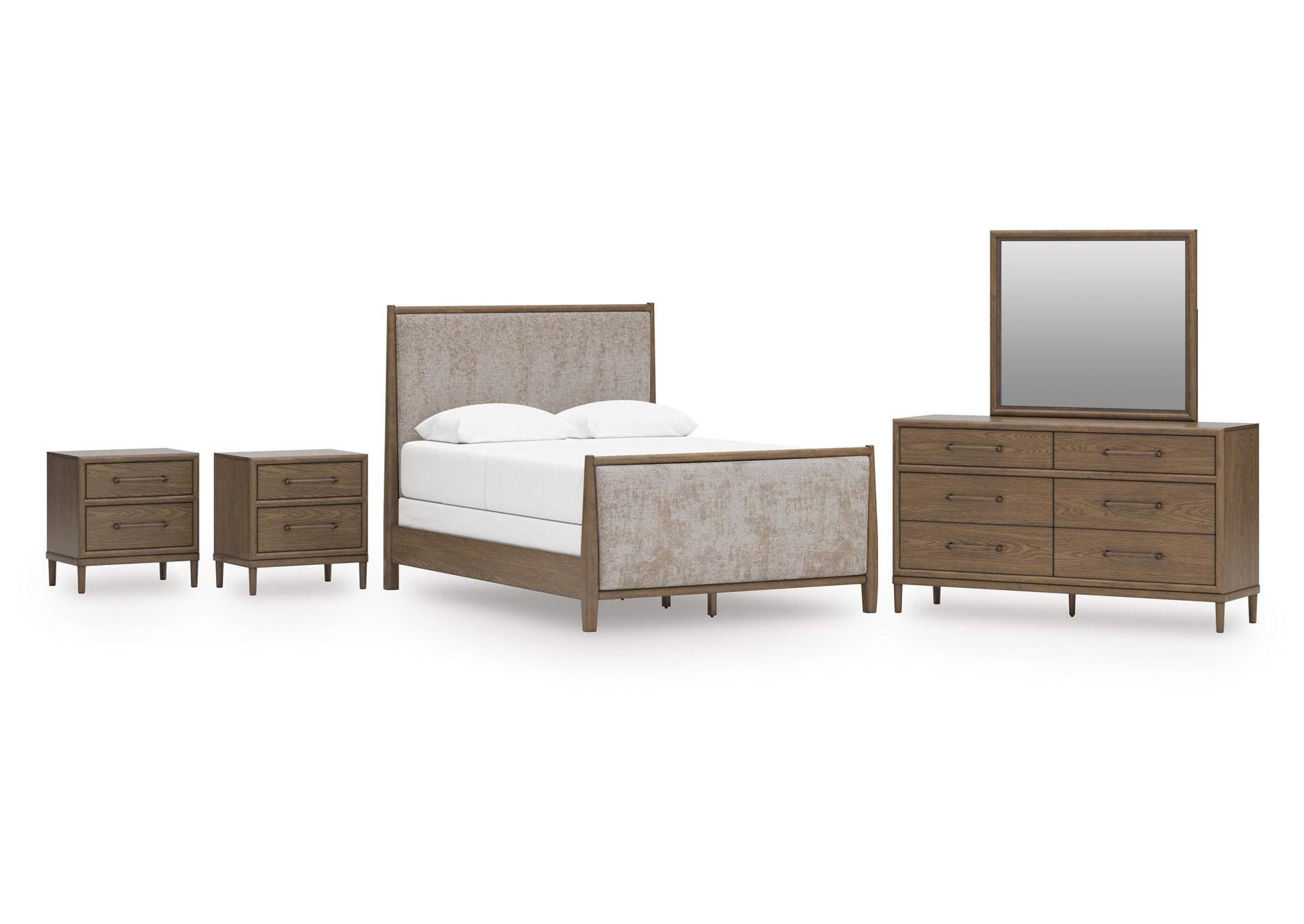 Roanhowe Queen Upholstered Bed, Dresser, Mirror and 2 Nightstands image 1