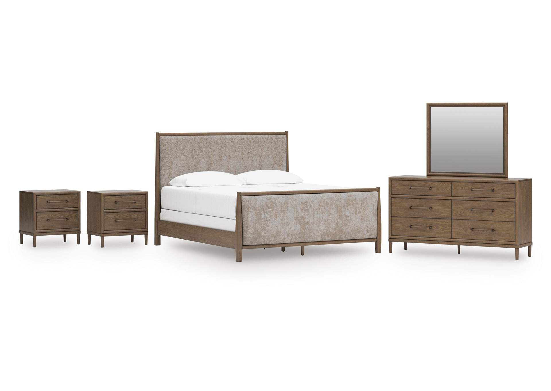Roanhowe California King Upholstered Bed, Dresser, Mirror and 2 Nightstands image 1