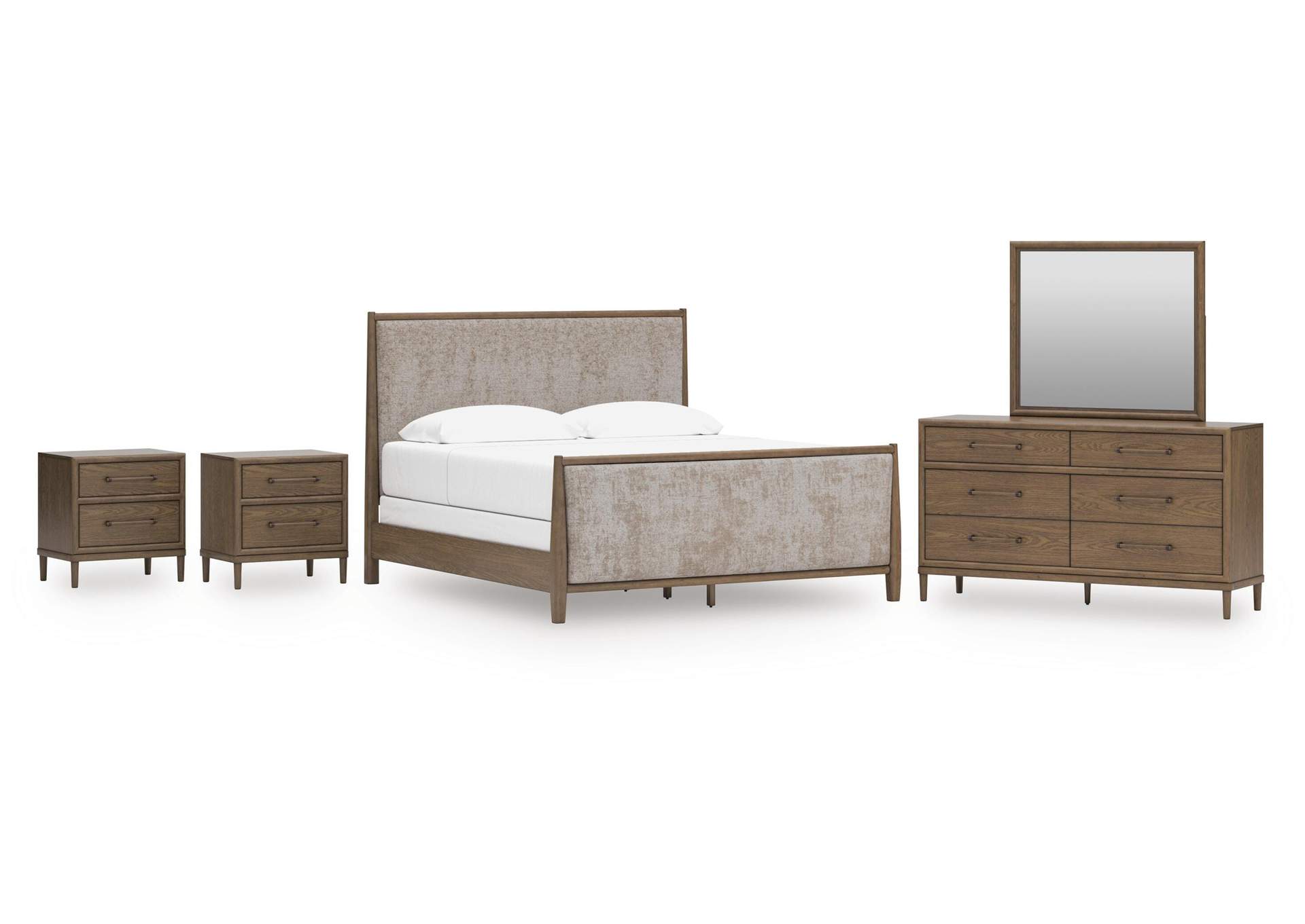 Roanhowe King Upholstered Bed, Dresser, Mirror and 2 Nightstands image 1