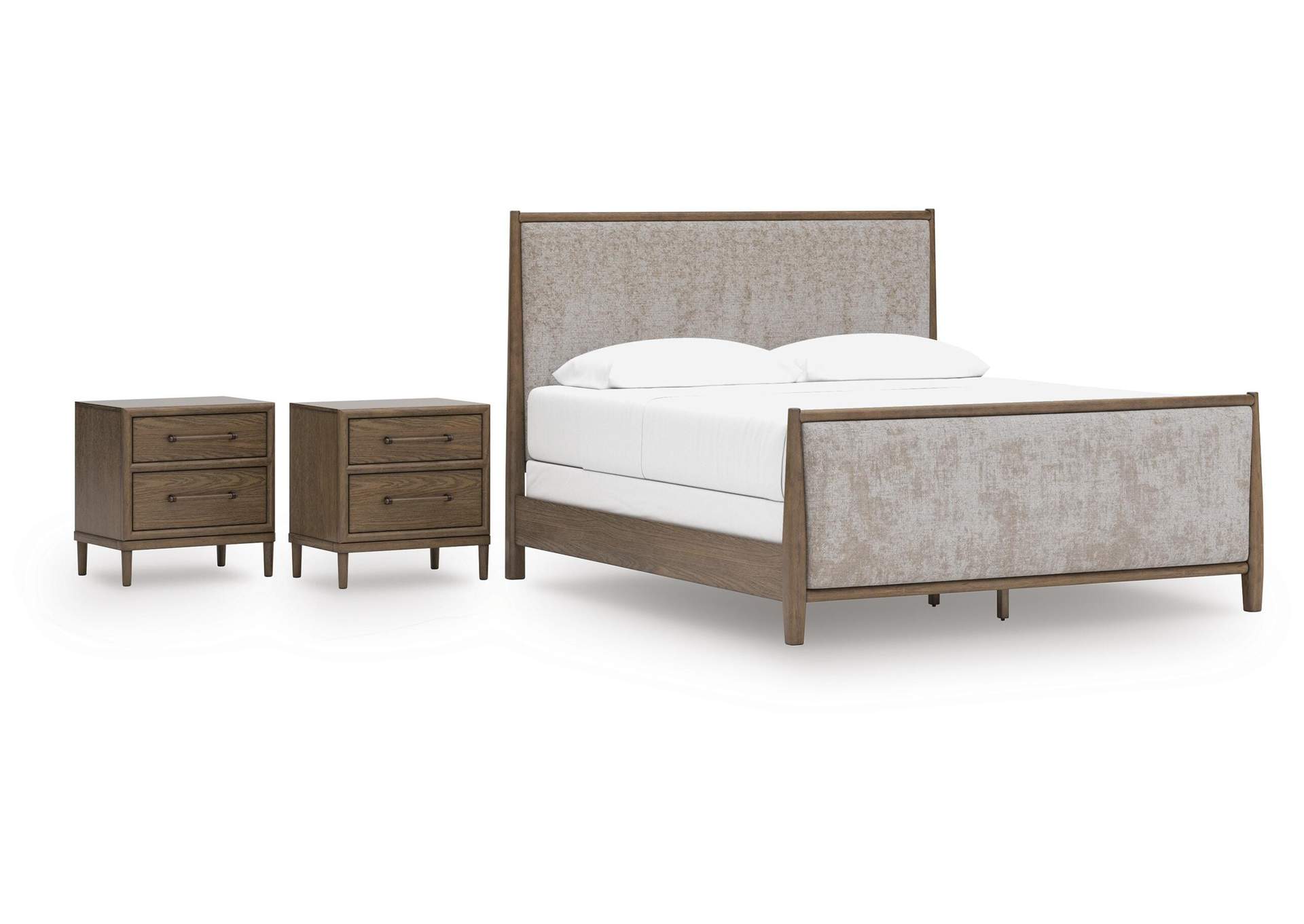 Roanhowe California King Upholstered Bed and 2 Nightstands image 1