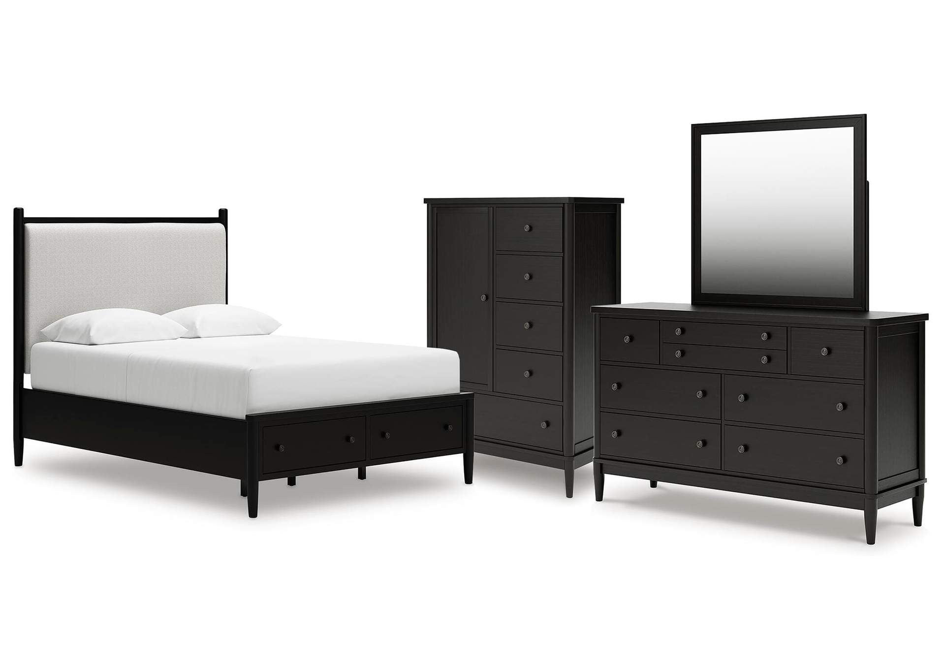 Portdown Queen Upholstered Panel Storage Bed, Dresser, Mirror and Chest image 1