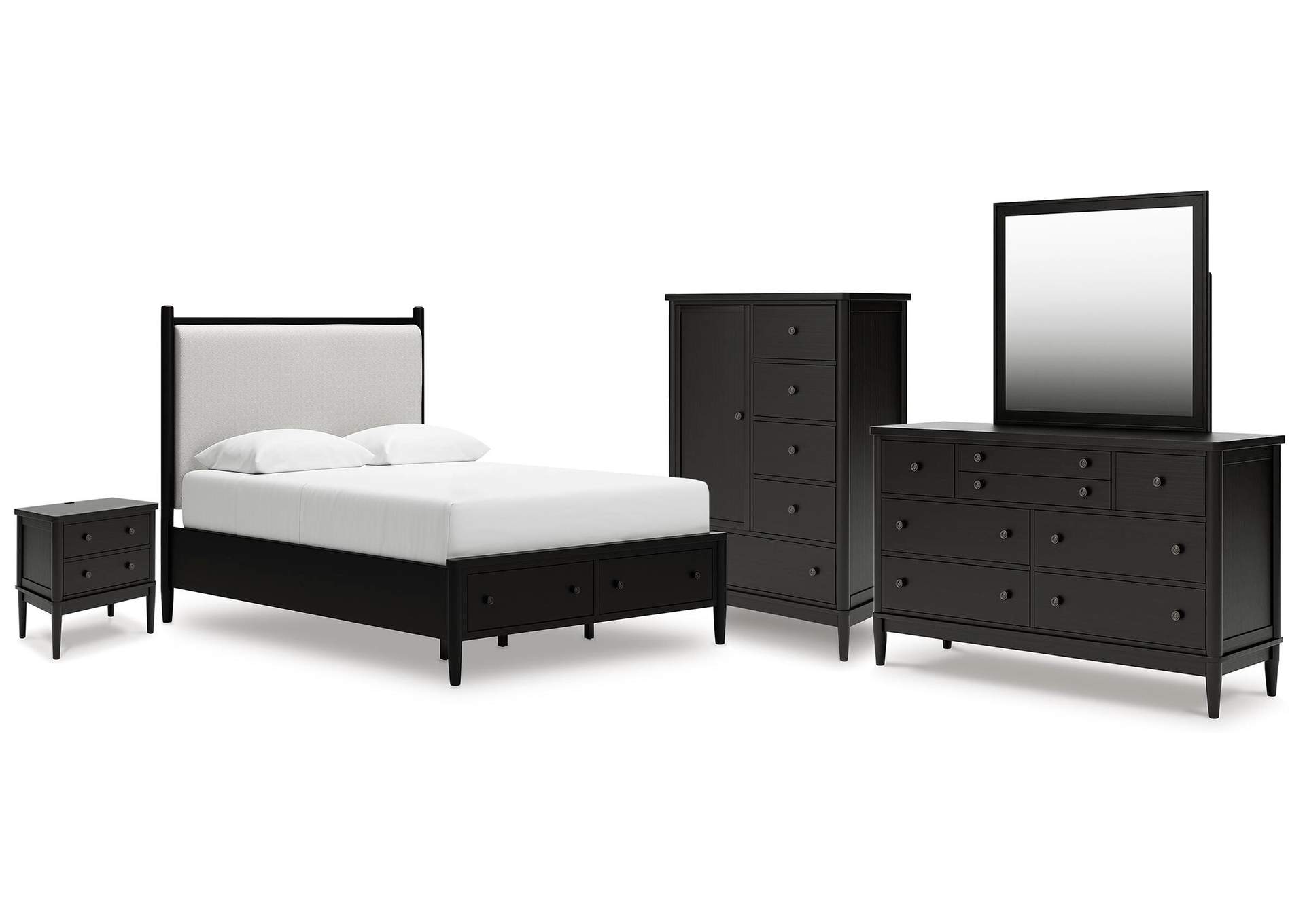 Portdown Queen Upholstered Panel Storage Bed, Dresser, Mirror, Chest and Nightstand image 1