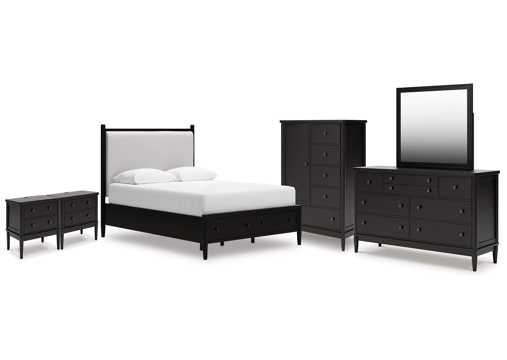 Portdown Queen Upholstered Panel Storage Bed, Dresser, Mirror, Chest and 2 Nightstands image 1