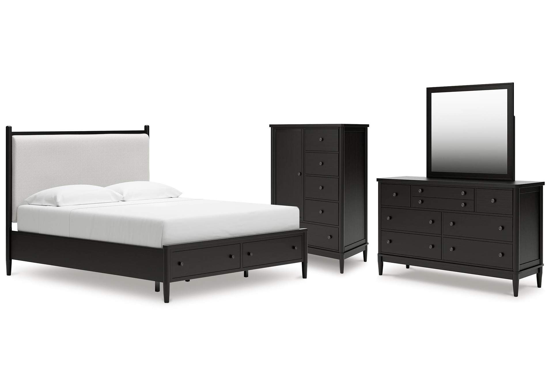 Portdown California King Upholstered Panel Storage Bed, Dresser, Mirror and Chest image 1