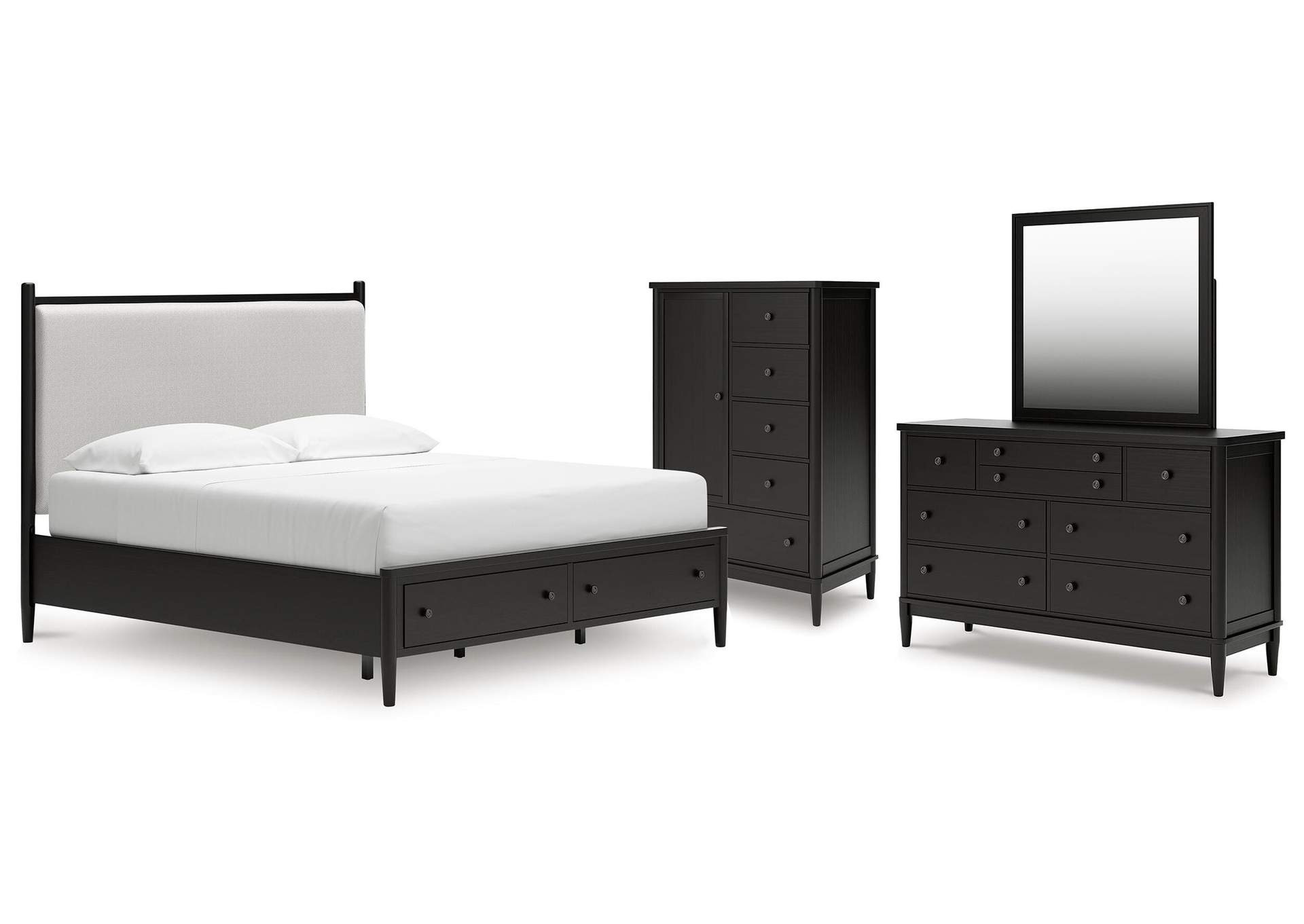 Portdown King Upholstered Panel Storage Bed, Dresser, Mirror and Chest image 1