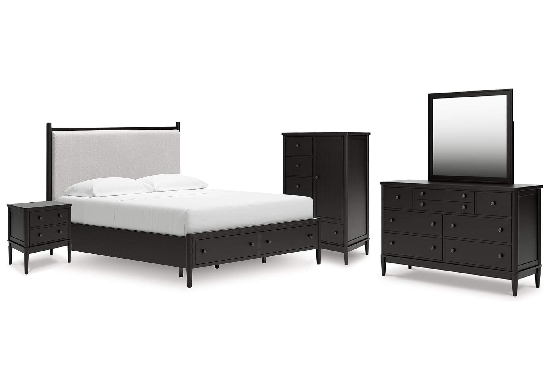 Portdown King Upholstered Panel Storage Bed, Dresser, Mirror, Chest and Nightstand image 1