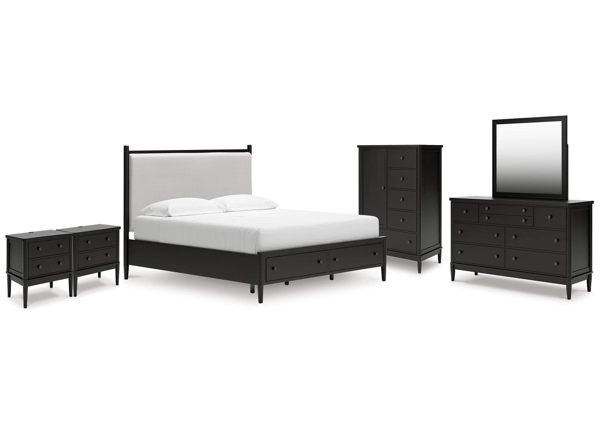 Portdown King Upholstered Panel Storage Bed, Dresser, Mirror, Chest and 2 Nightstands image 1