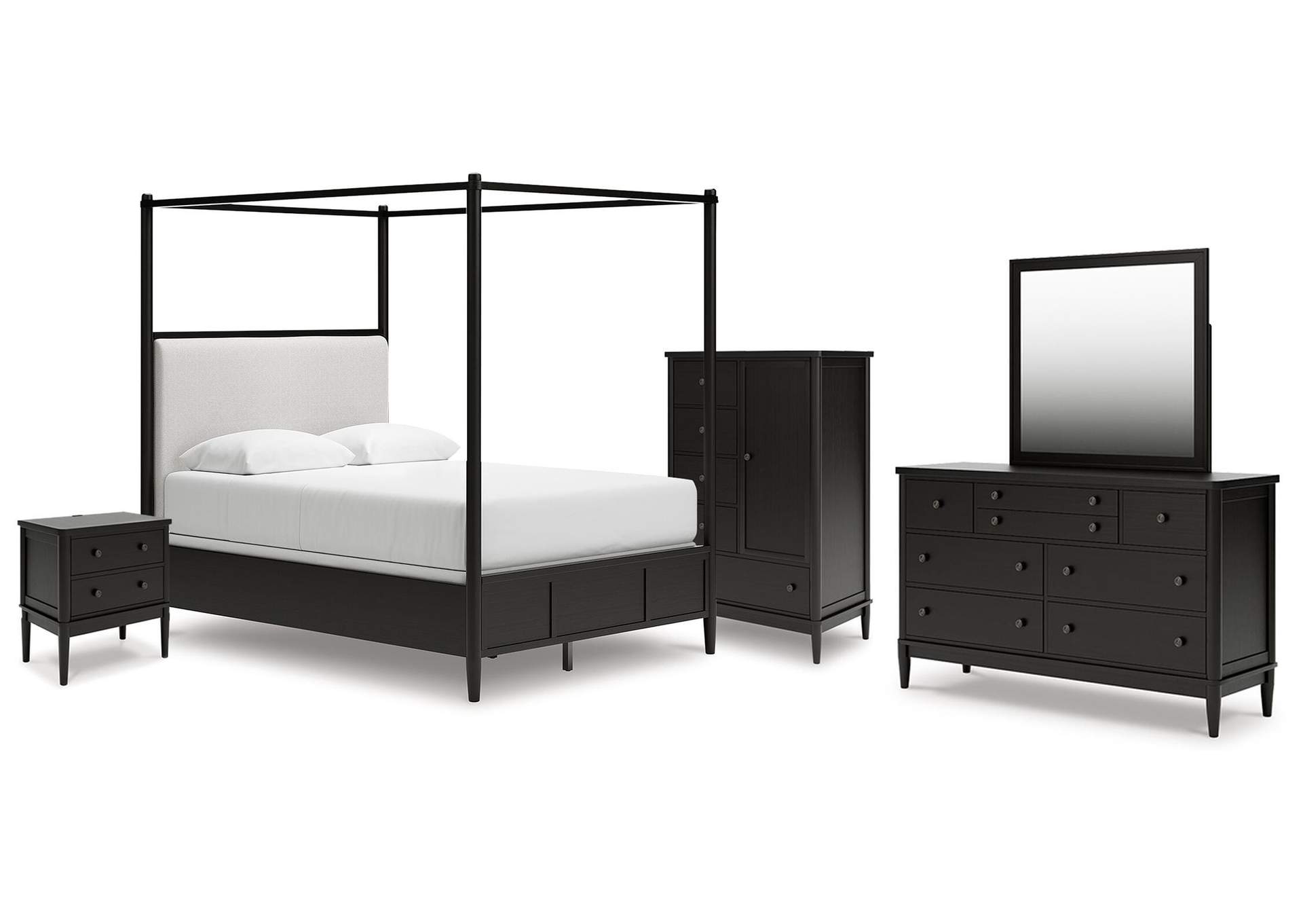 Portdown Queen Upholstered Canopy Bed, Dresser, Mirror, Chest and Nightstand image 1