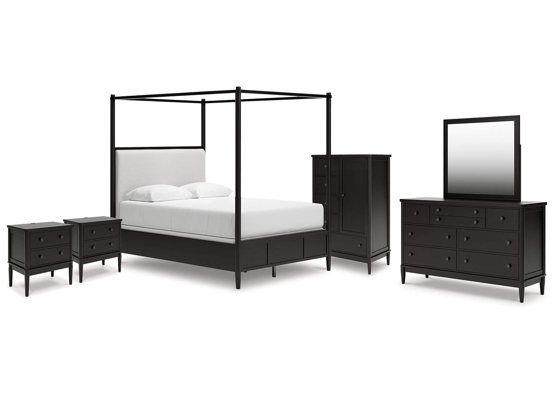 Portdown Queen Upholstered Canopy Bed, Dresser, Mirror, Chest and 2 Nightstands image 1