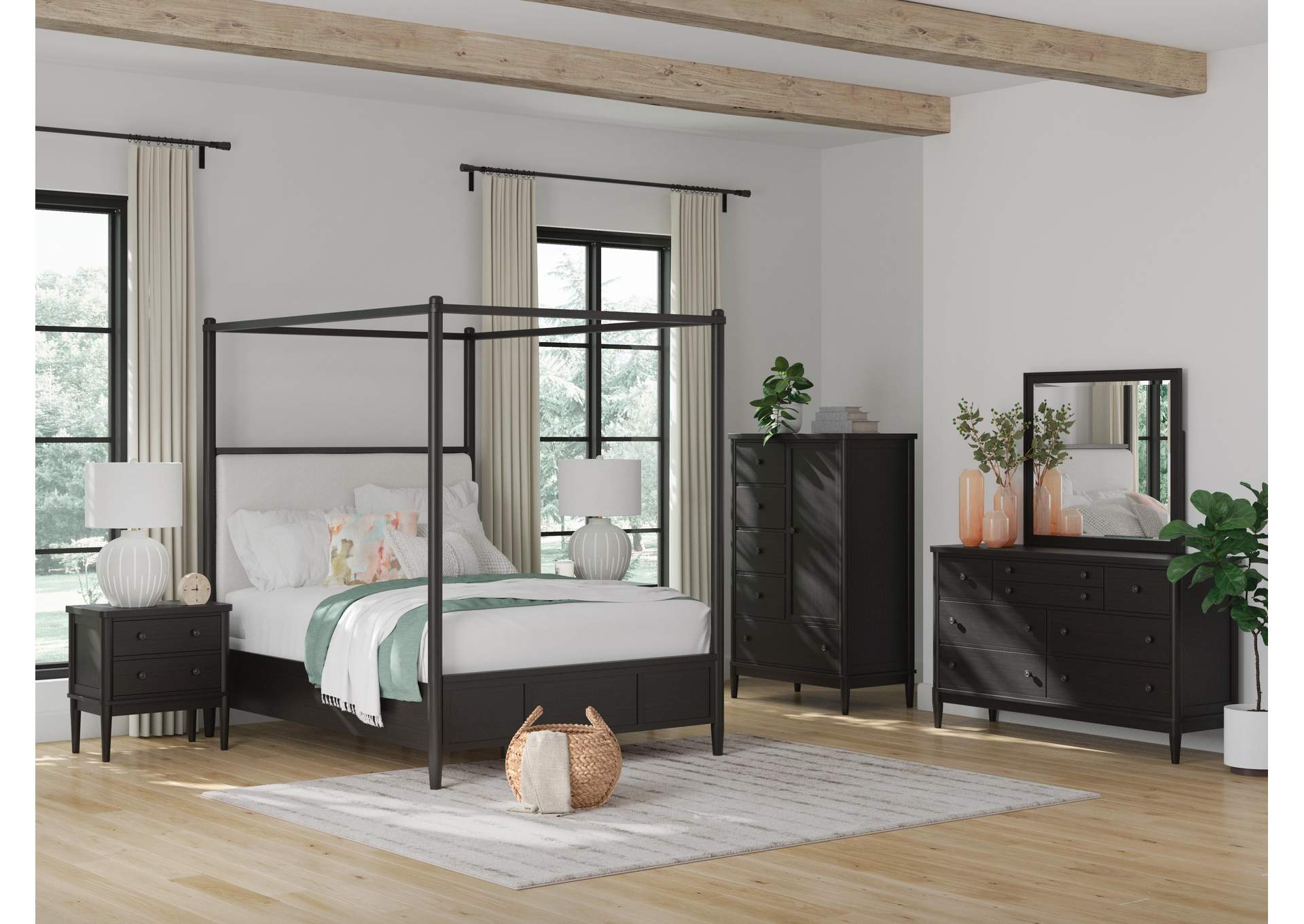Portdown California King Upholstered Canopy Bed, Dresser and Nightstand image 2