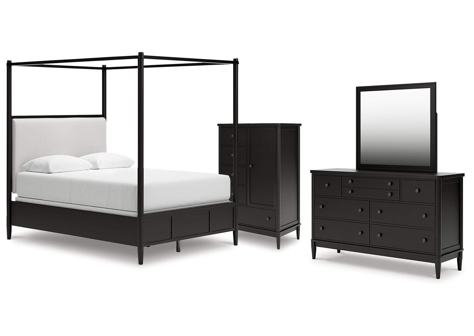 Portdown Queen Upholstered Canopy Bed, Dresser, Mirror and Chest image 1