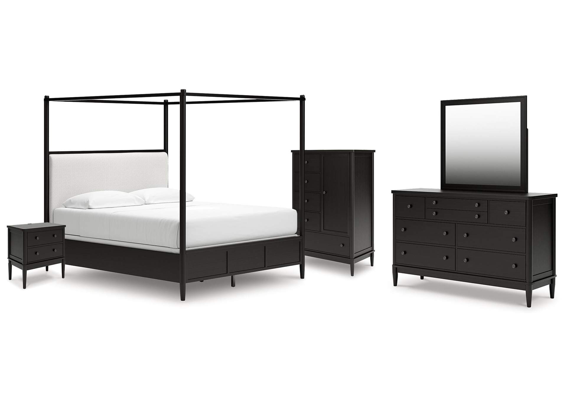 Portdown California King Upholstered Canopy Bed, Dresser, Mirror, Chest and Nightstand image 1