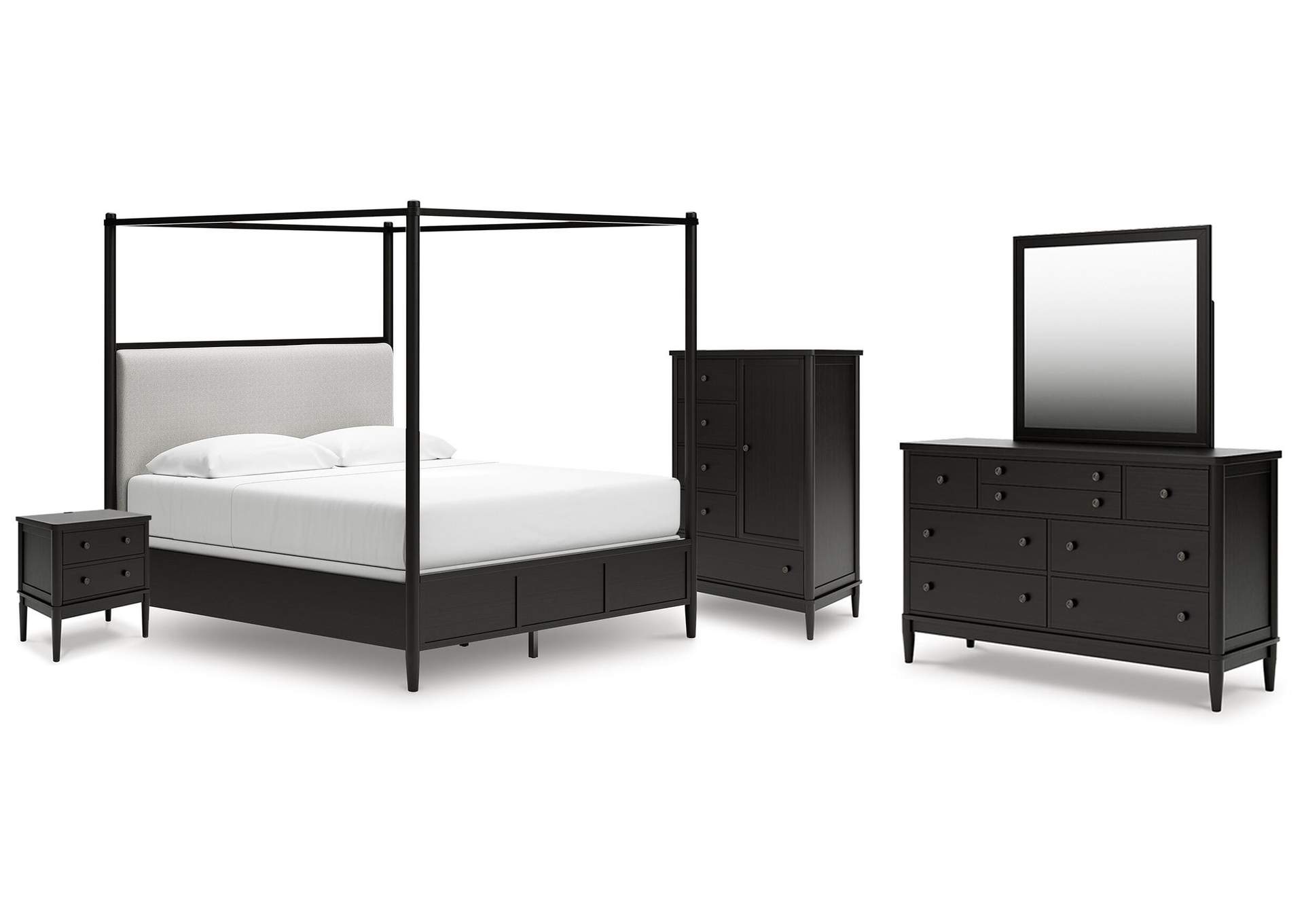 Portdown King Upholstered Canopy Bed, Dresser, Mirror, Chest and Nightstand image 1