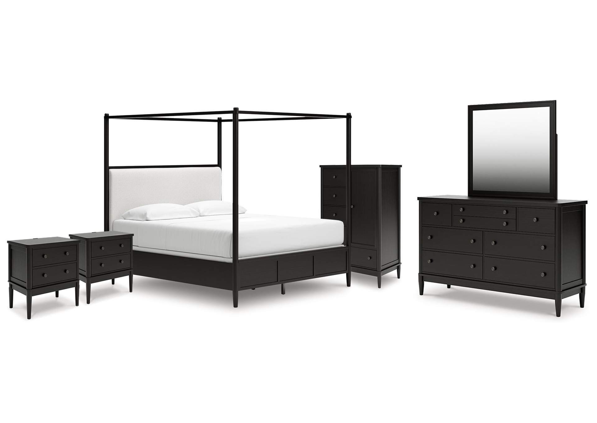 Portdown California King Upholstered Canopy Bed, Dresser, Mirror, Chest and 2 Nightstands image 1