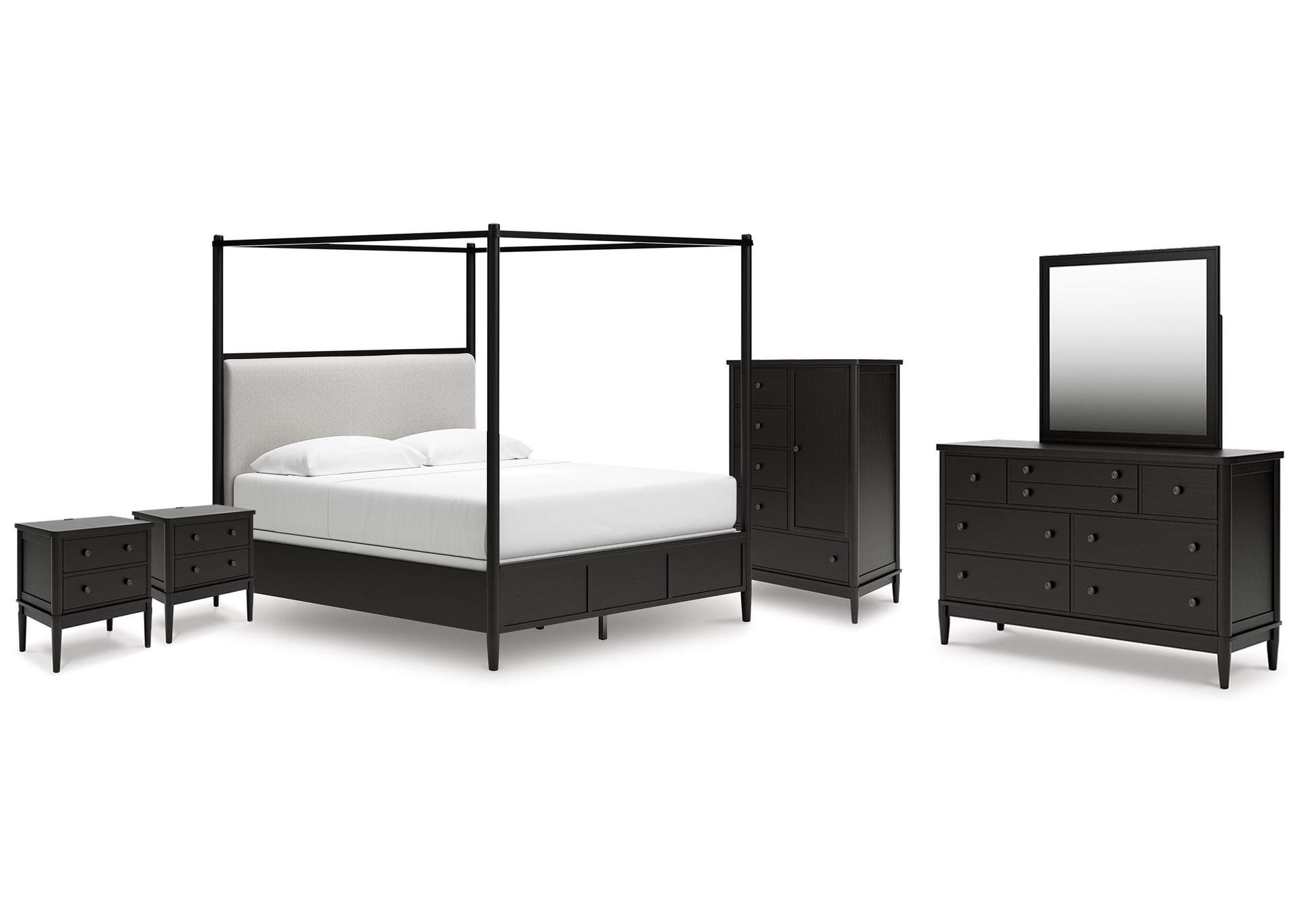 Portdown King Upholstered Canopy Bed, Dresser, Mirror, Chest and 2 Nightstands image 1