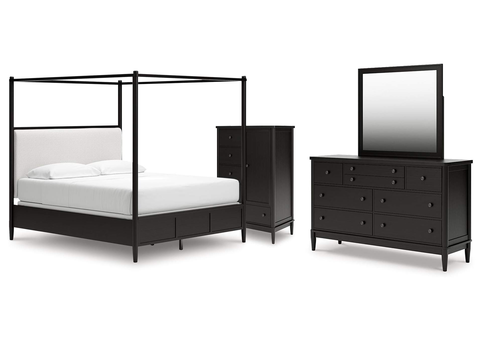 Portdown California King Upholstered Canopy Bed, Dresser, Mirror and Chest image 1