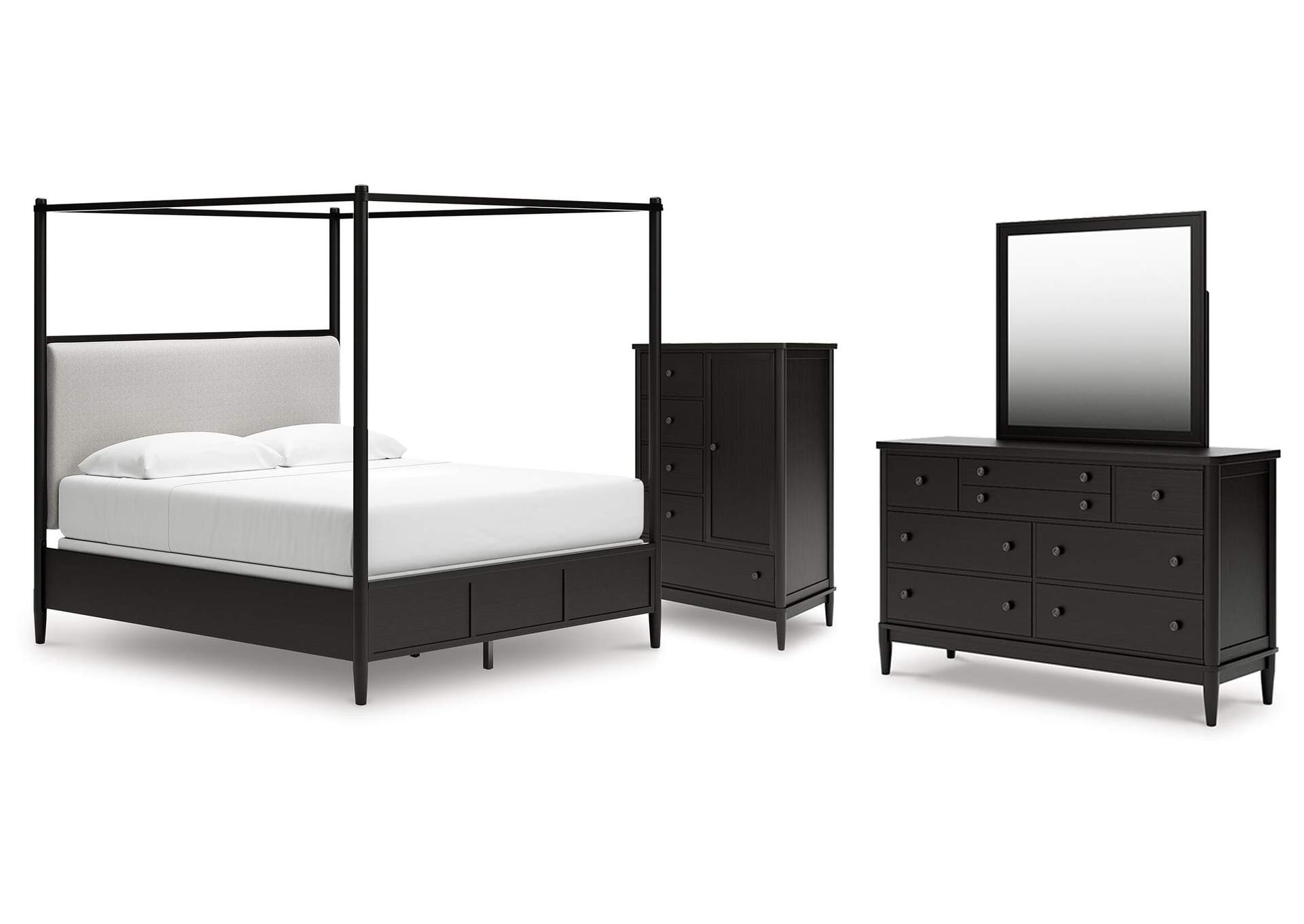 Portdown King Upholstered Canopy Bed, Dresser, Mirror and Chest image 1