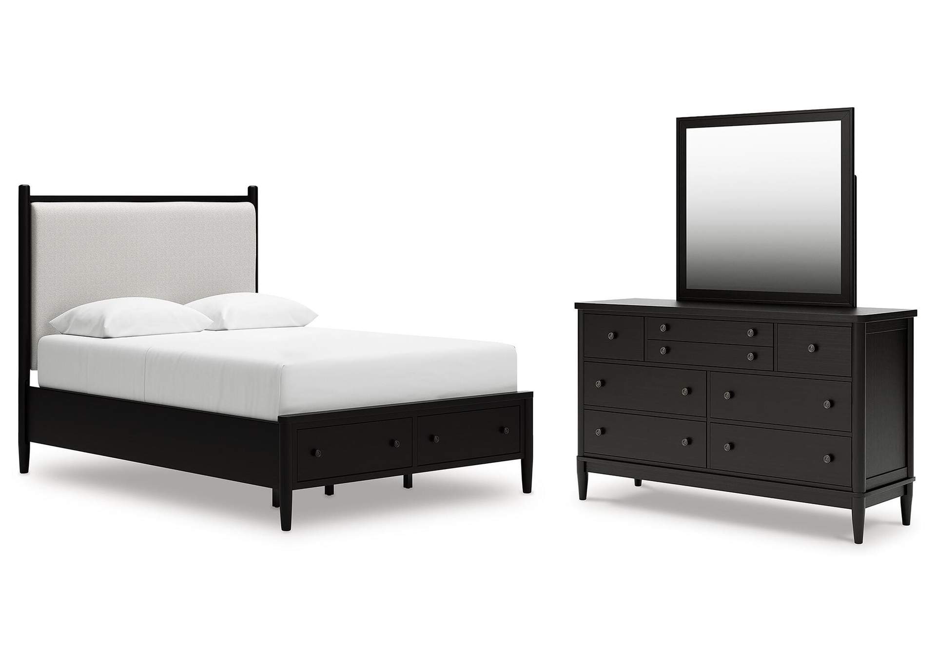 Portdown Queen Upholstered Panel Storage Bed, Dresser and Mirror image 1