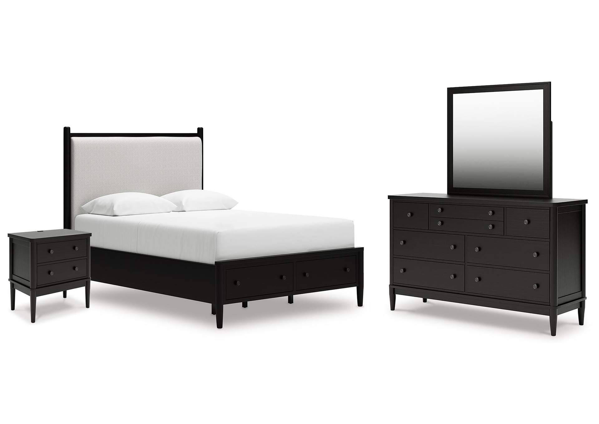 Portdown Queen Upholstered Panel Storage Bed, Dresser, Mirror and Nightstand image 1
