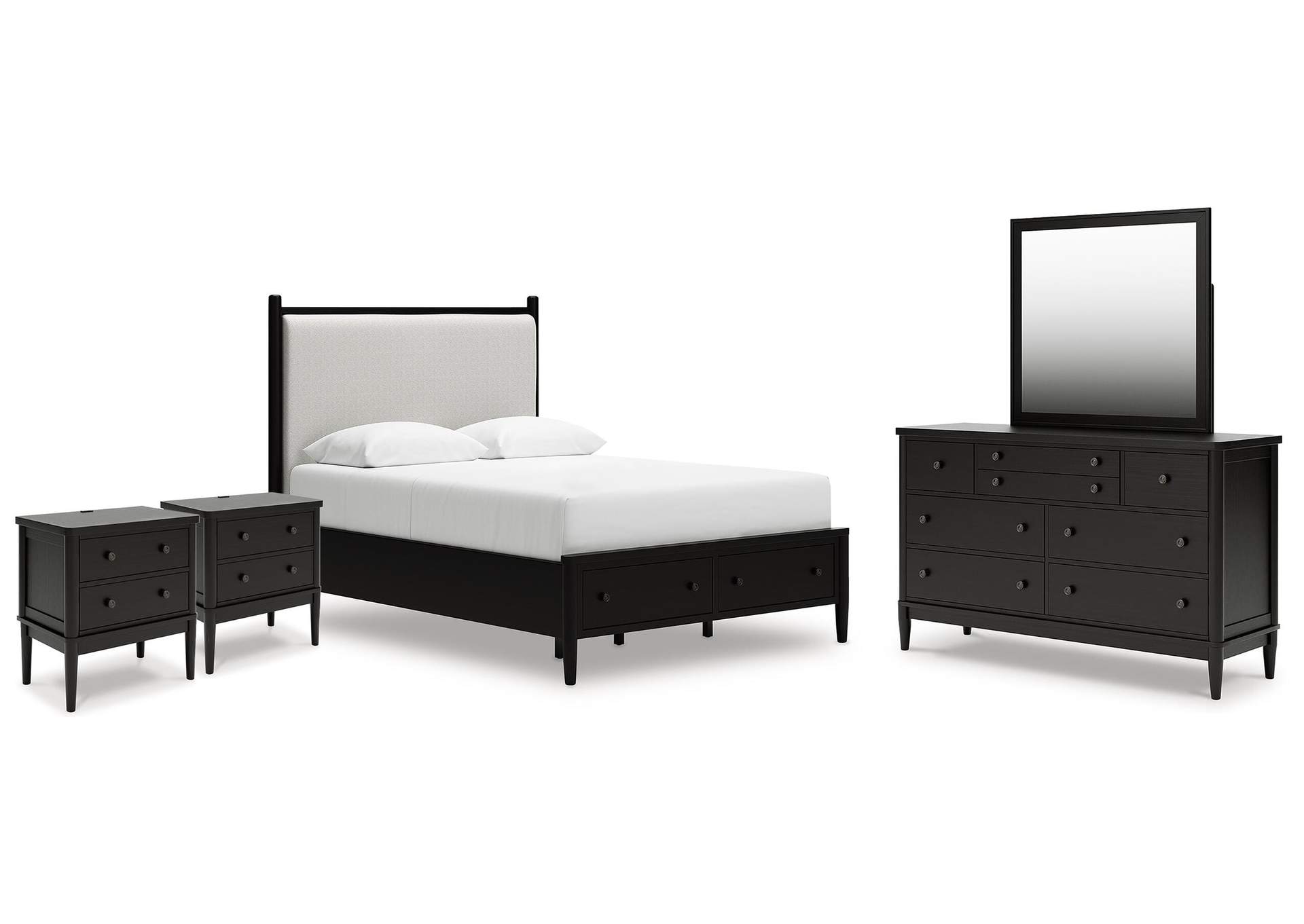 Portdown Queen Upholstered Panel Storage Bed, Dresser, Mirror and 2 Nightstands image 1