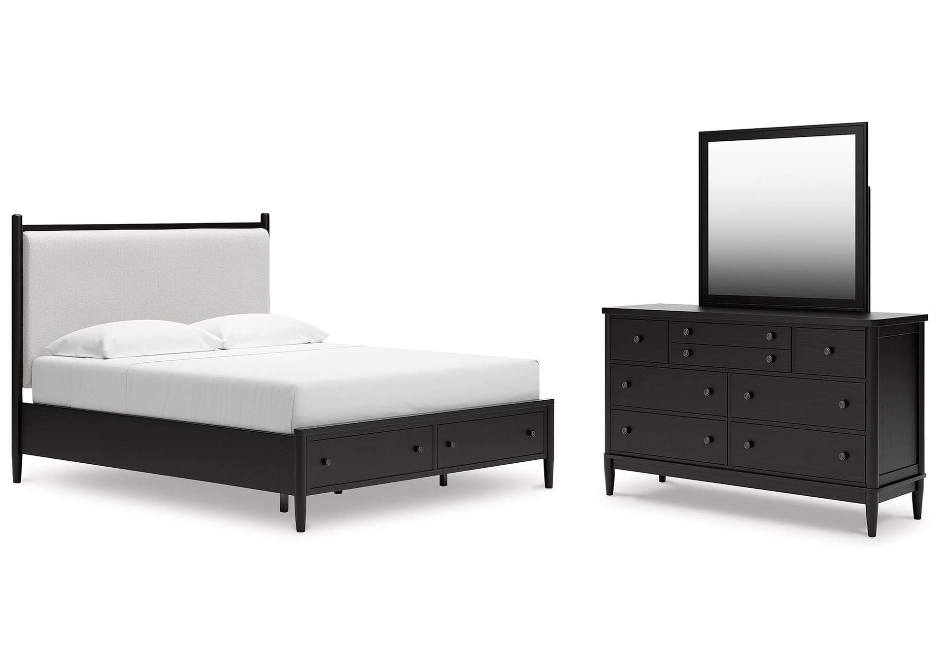 Portdown California King Upholstered Panel Storage Bed, Dresser and Mirror image 1